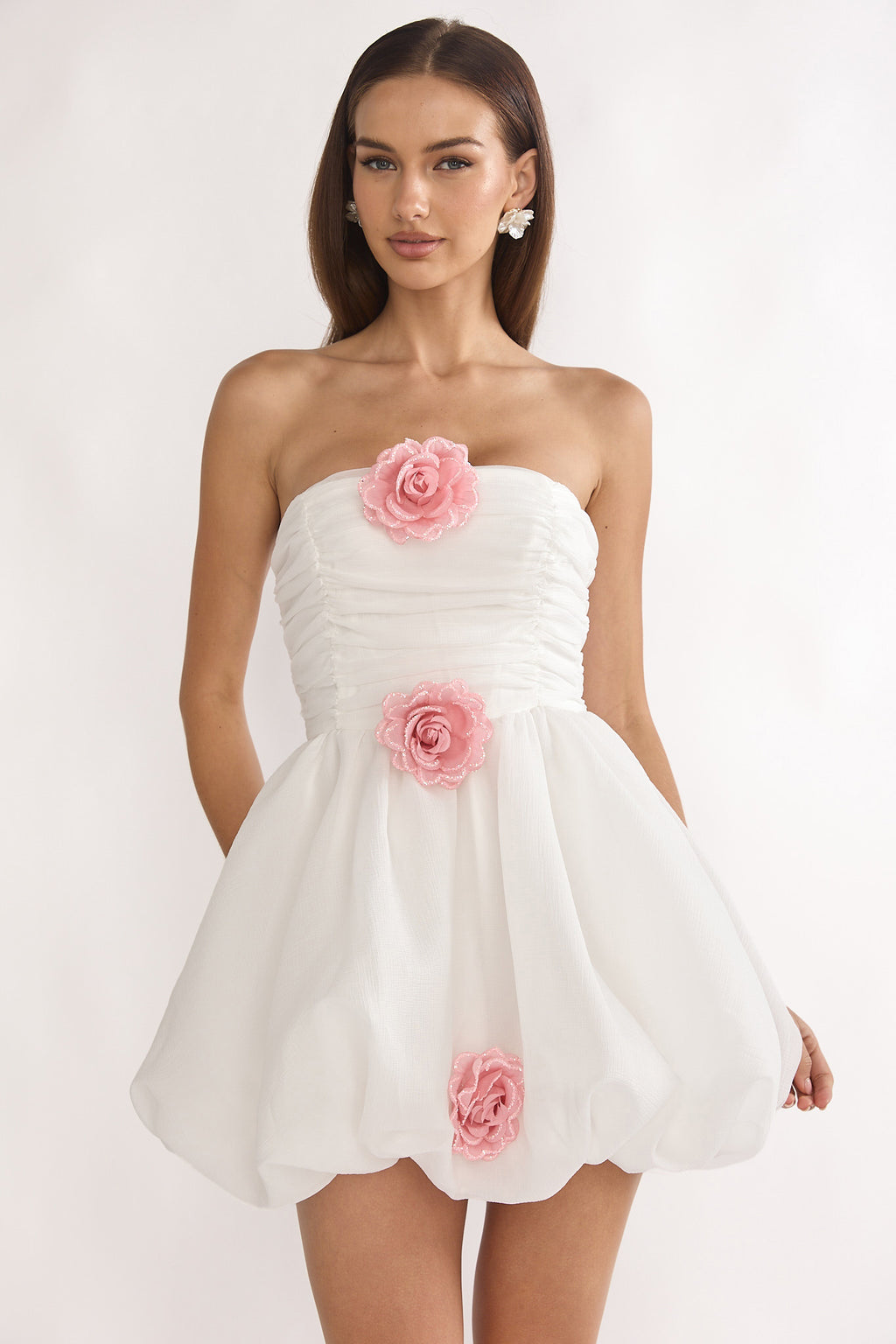 Cassandrae Rosette Strapless Mini Dress White by Selfie Leslie Australia