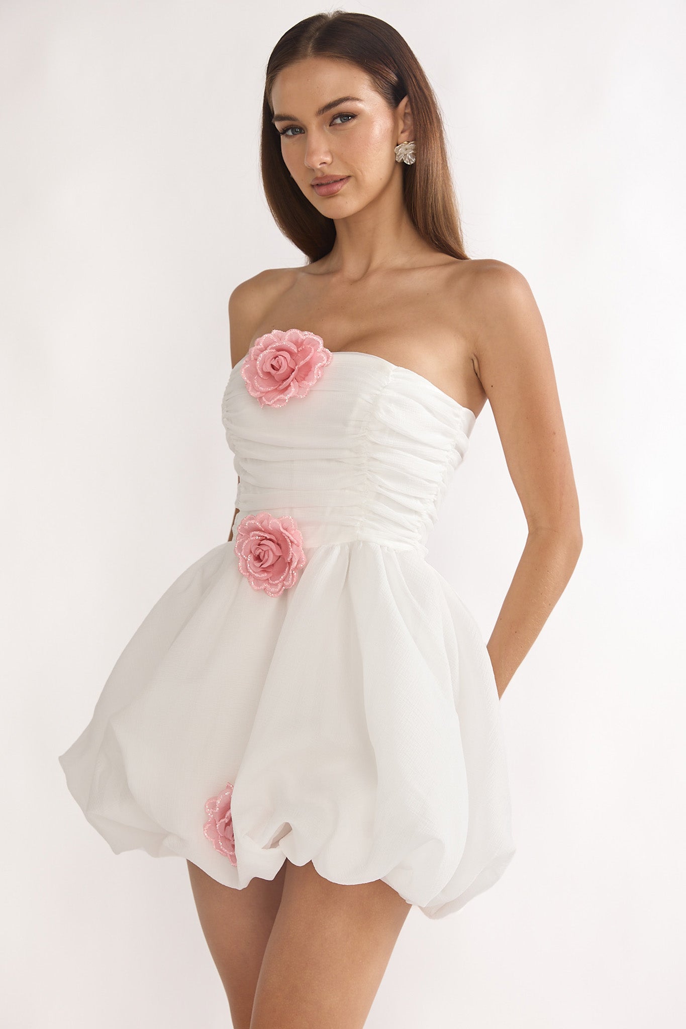 Cassandrae Rosette Strapless Mini Dress White by Selfie Leslie Australia