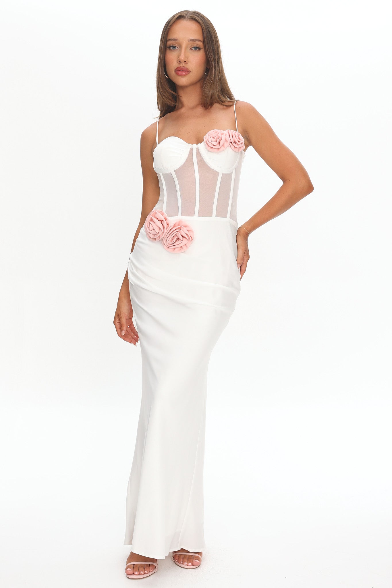 Ismera Sheer Bodice Rosette Maxi Dress White by Selfie Leslie Australia