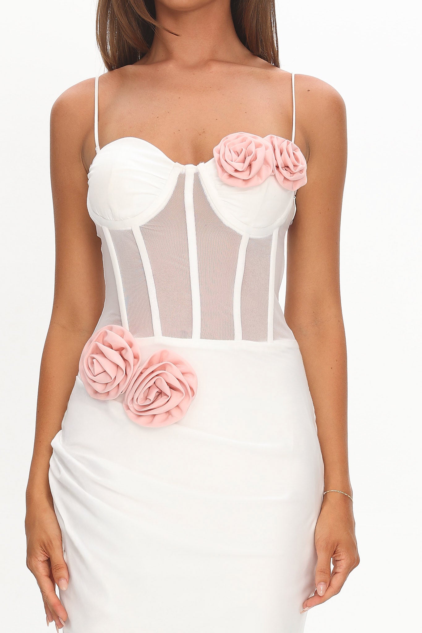 Ismera Sheer Bodice Rosette Maxi Dress White by Selfie Leslie Australia