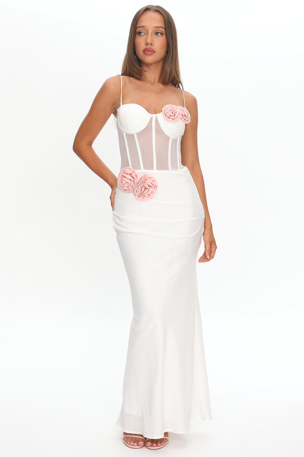 Ismera Sheer Bodice Rosette Maxi Dress White by Selfie Leslie Australia