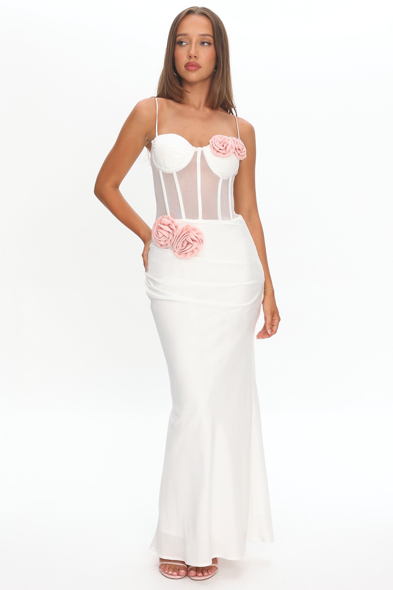 Ismera Sheer Bodice Rosette Maxi Dress White by Selfie Leslie Australia