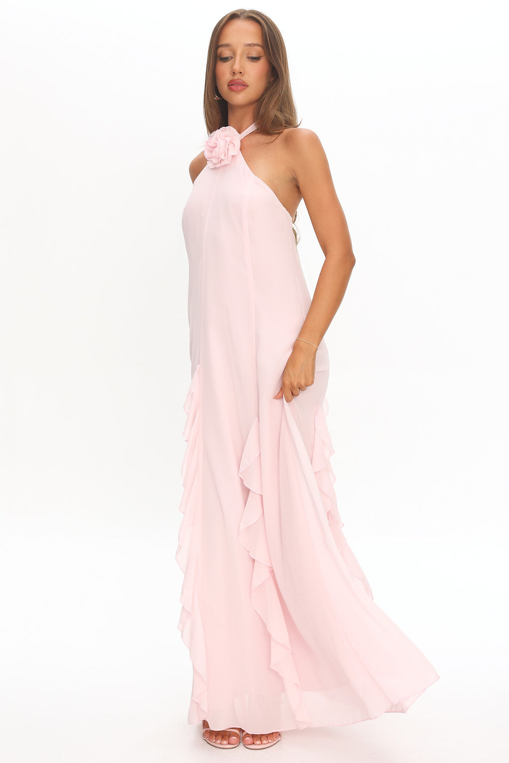 Lecce Halterneck Ruffle Trim Maxi Dress Blush by Selfie Leslie Australia