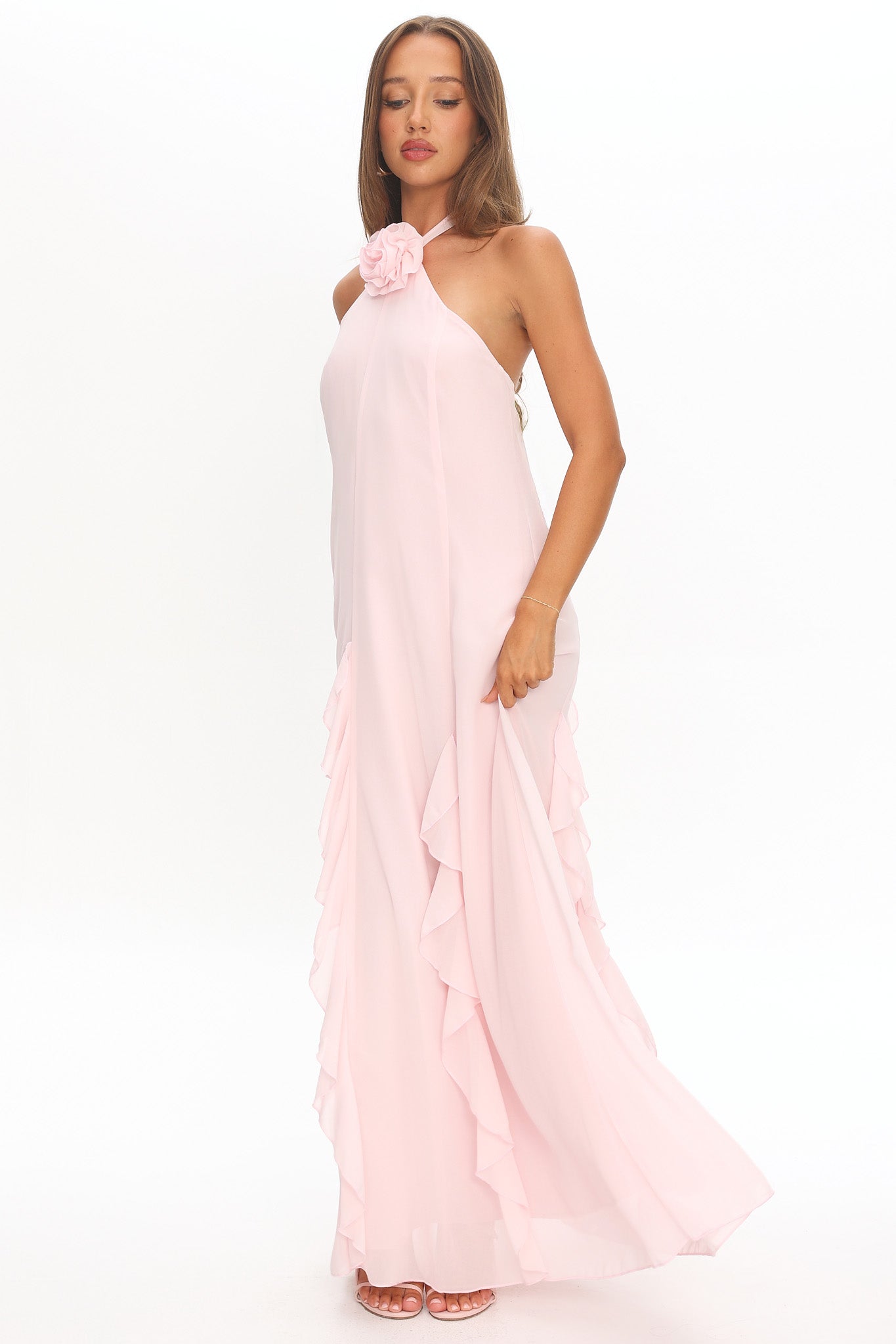 Lecce Halterneck Ruffle Trim Maxi Dress Blush by Selfie Leslie Australia