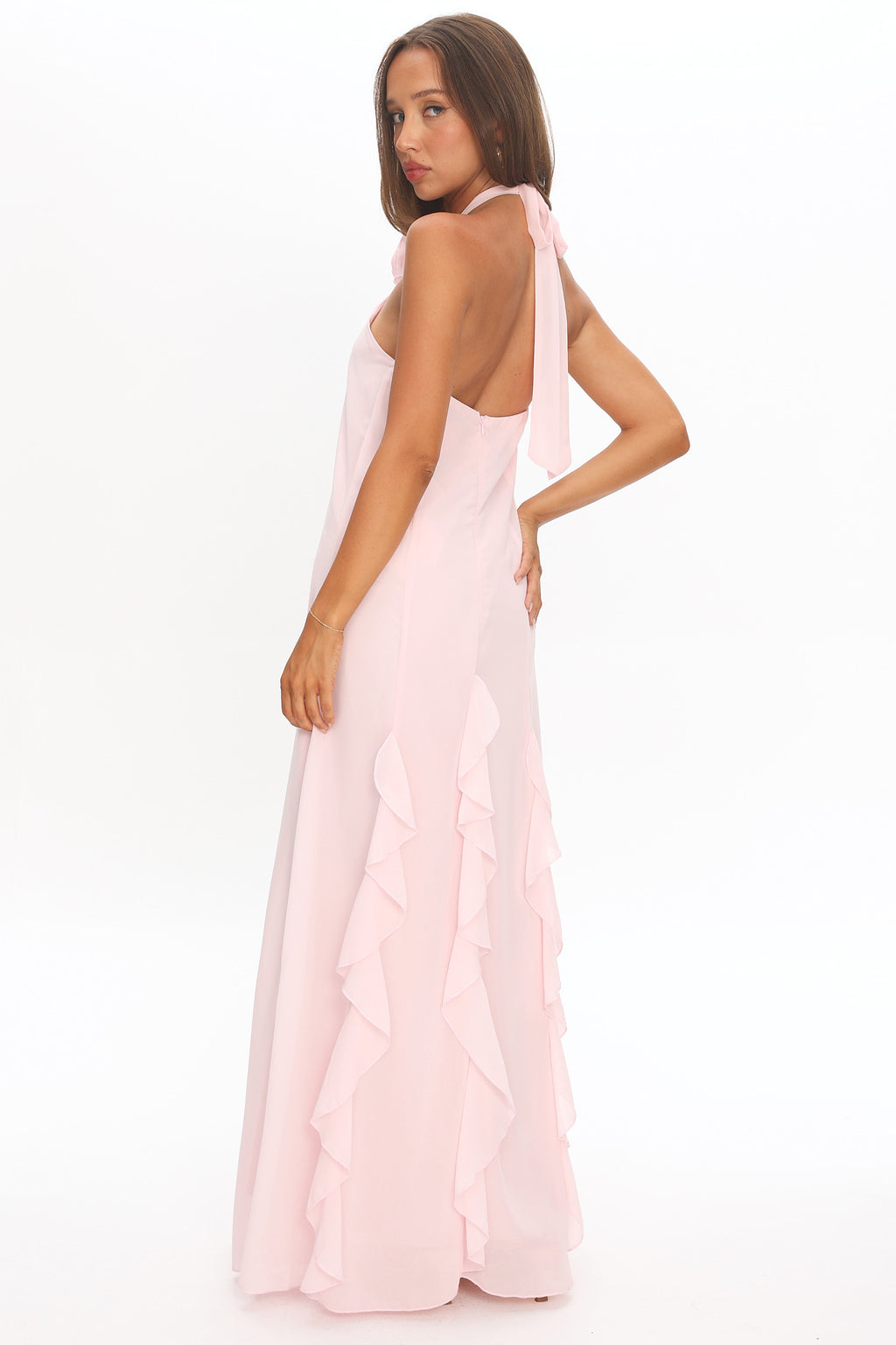 Lecce Halterneck Ruffle Trim Maxi Dress Blush by Selfie Leslie Australia