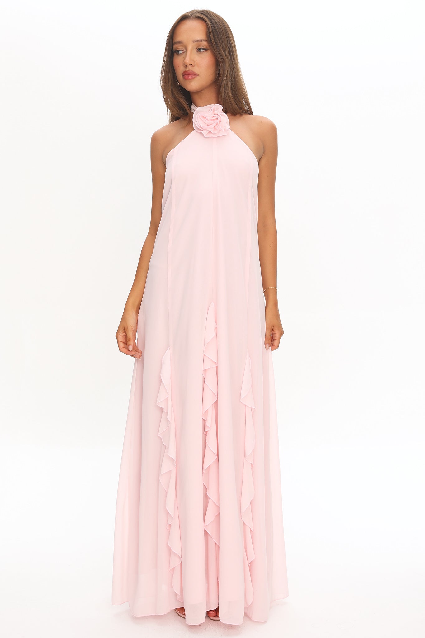 Lecce Halterneck Ruffle Trim Maxi Dress Blush by Selfie Leslie Australia