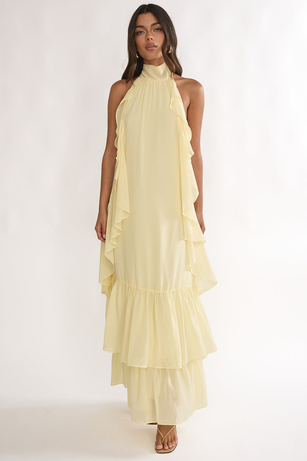Lorina Layered Ruffle Halterneck Maxi Dress Butter by Selfie Leslie Australia