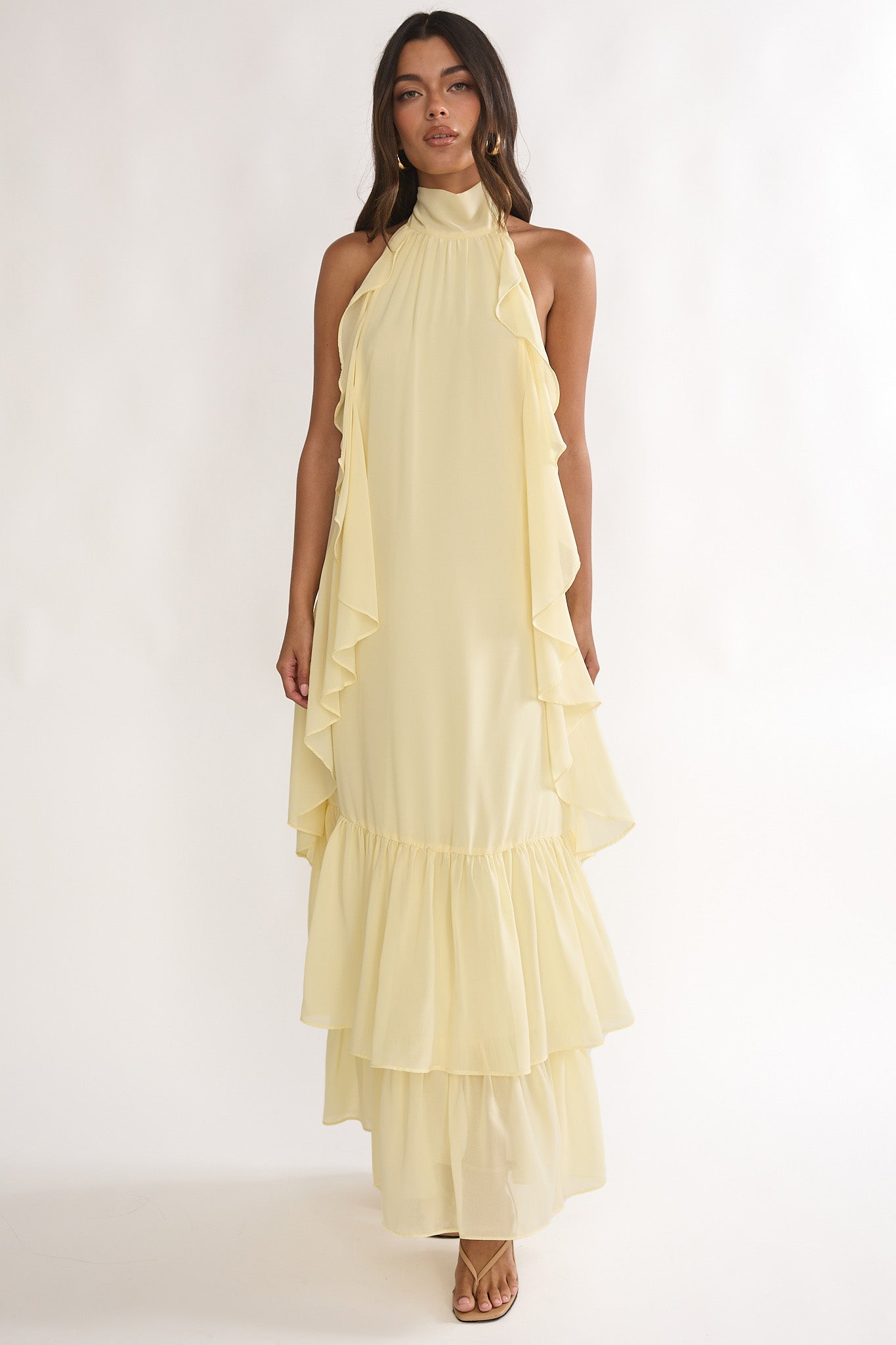 Lorina Layered Ruffle Halterneck Maxi Dress Butter by Selfie Leslie Australia