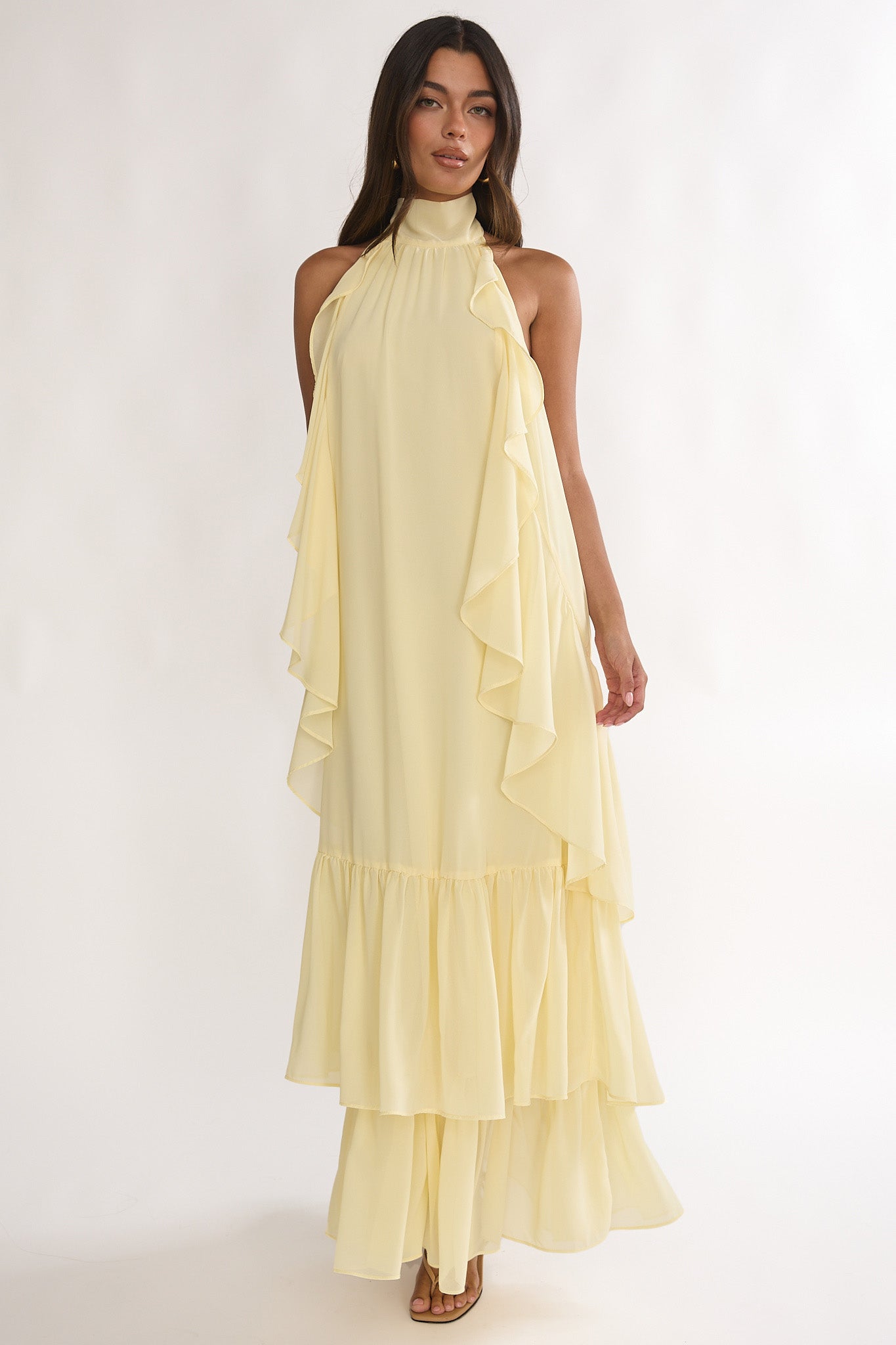 Lorina Layered Ruffle Halterneck Maxi Dress Butter by Selfie Leslie Australia