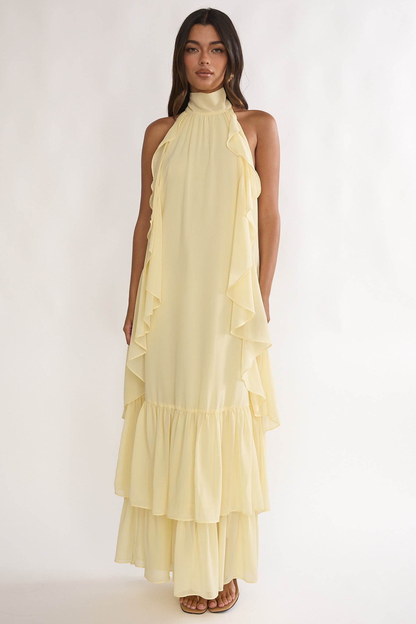 Lorina Layered Ruffle Halterneck Maxi Dress Butter by Selfie Leslie Australia