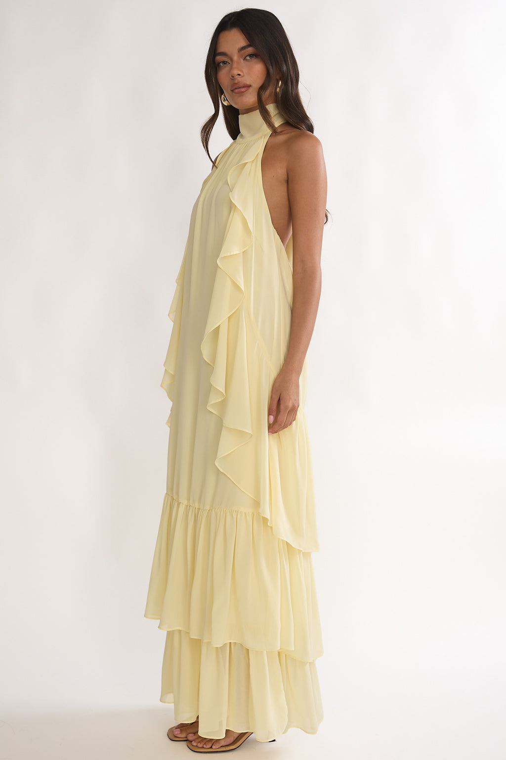 Lorina Layered Ruffle Halterneck Maxi Dress Butter by Selfie Leslie Australia