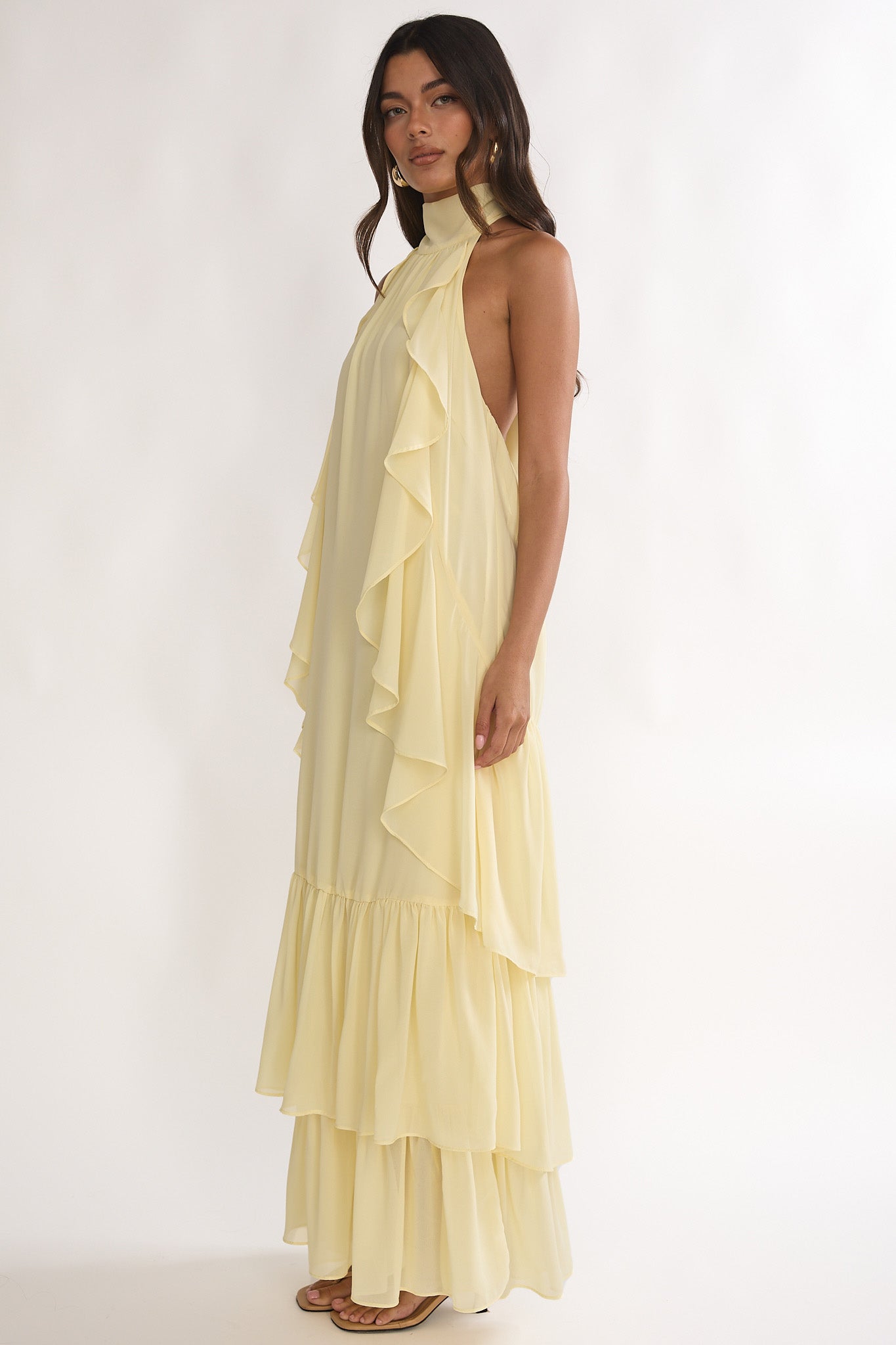Lorina Layered Ruffle Halterneck Maxi Dress Butter by Selfie Leslie Australia