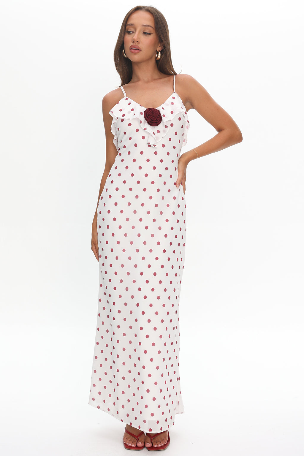Bellissa Ruffle Bust Maxi Dress Polka Dot Red by Selfie Leslie Australia