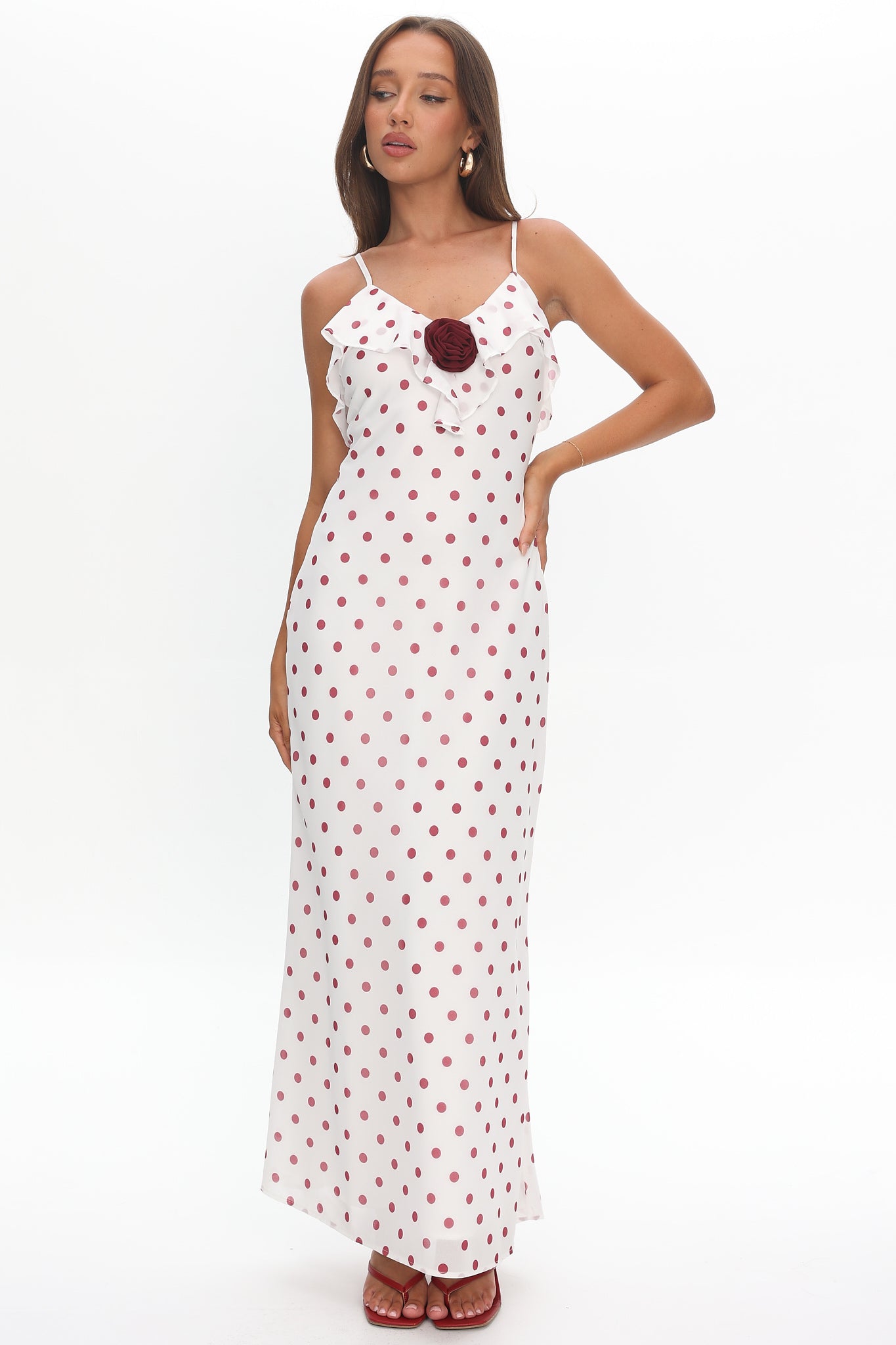 Bellissa Ruffle Bust Maxi Dress Polka Dot Red by Selfie Leslie Australia