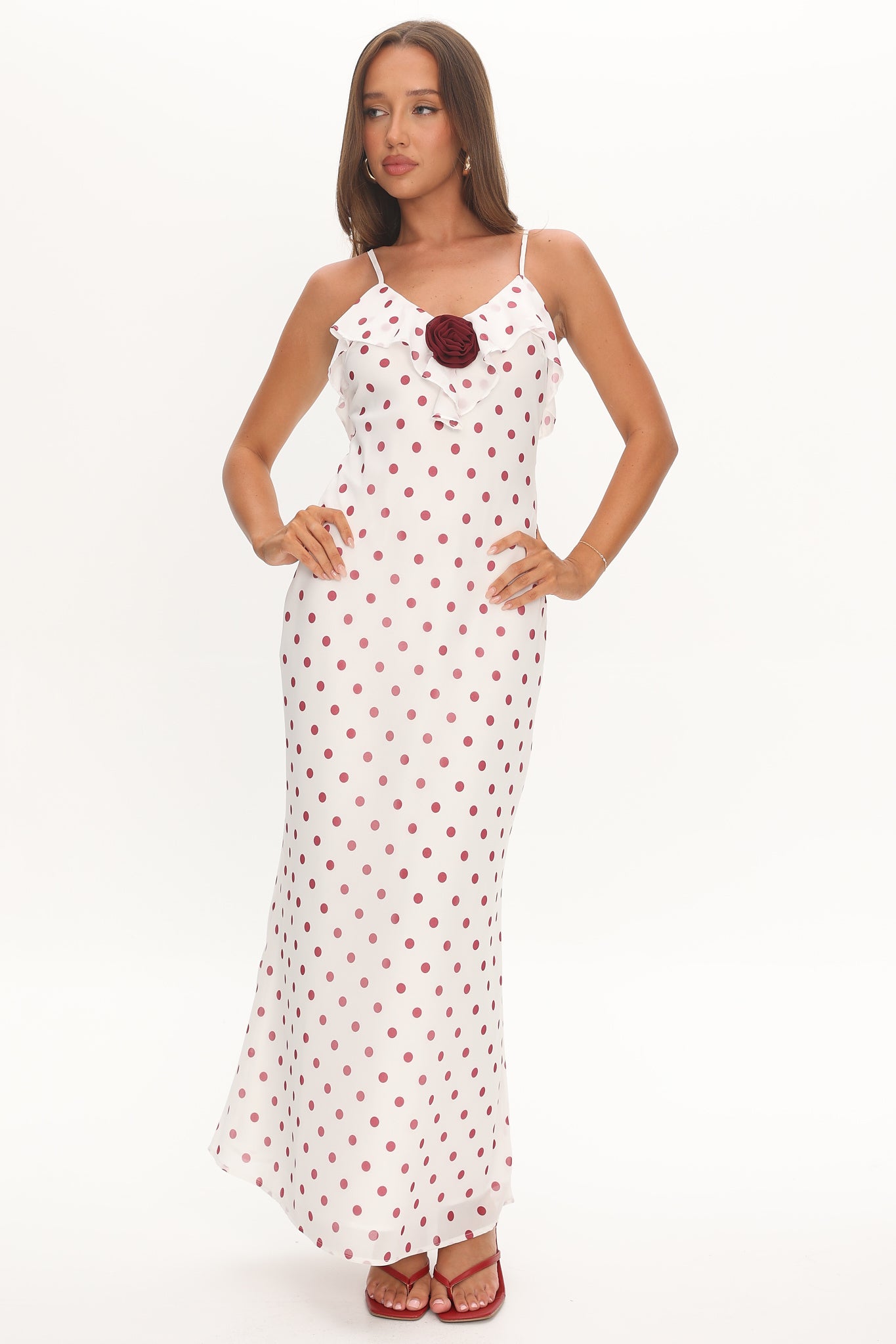 Bellissa Ruffle Bust Maxi Dress Polka Dot Red by Selfie Leslie Australia