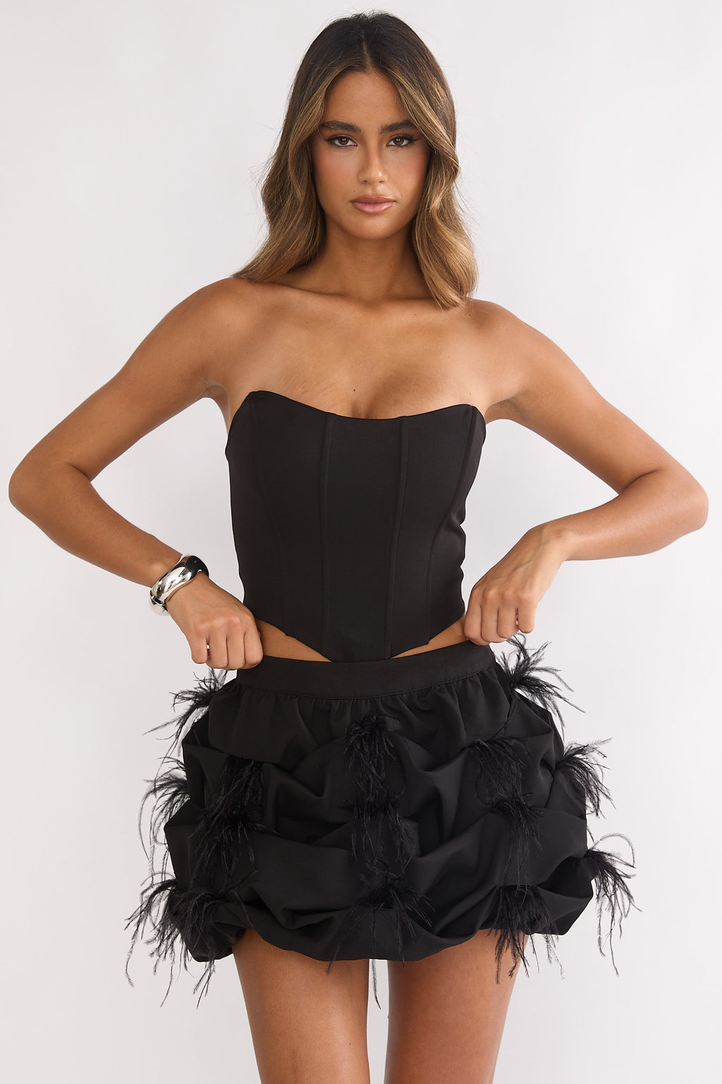 Alyra Feather Puff Mini Skirt Black by Selfie Leslie Australia