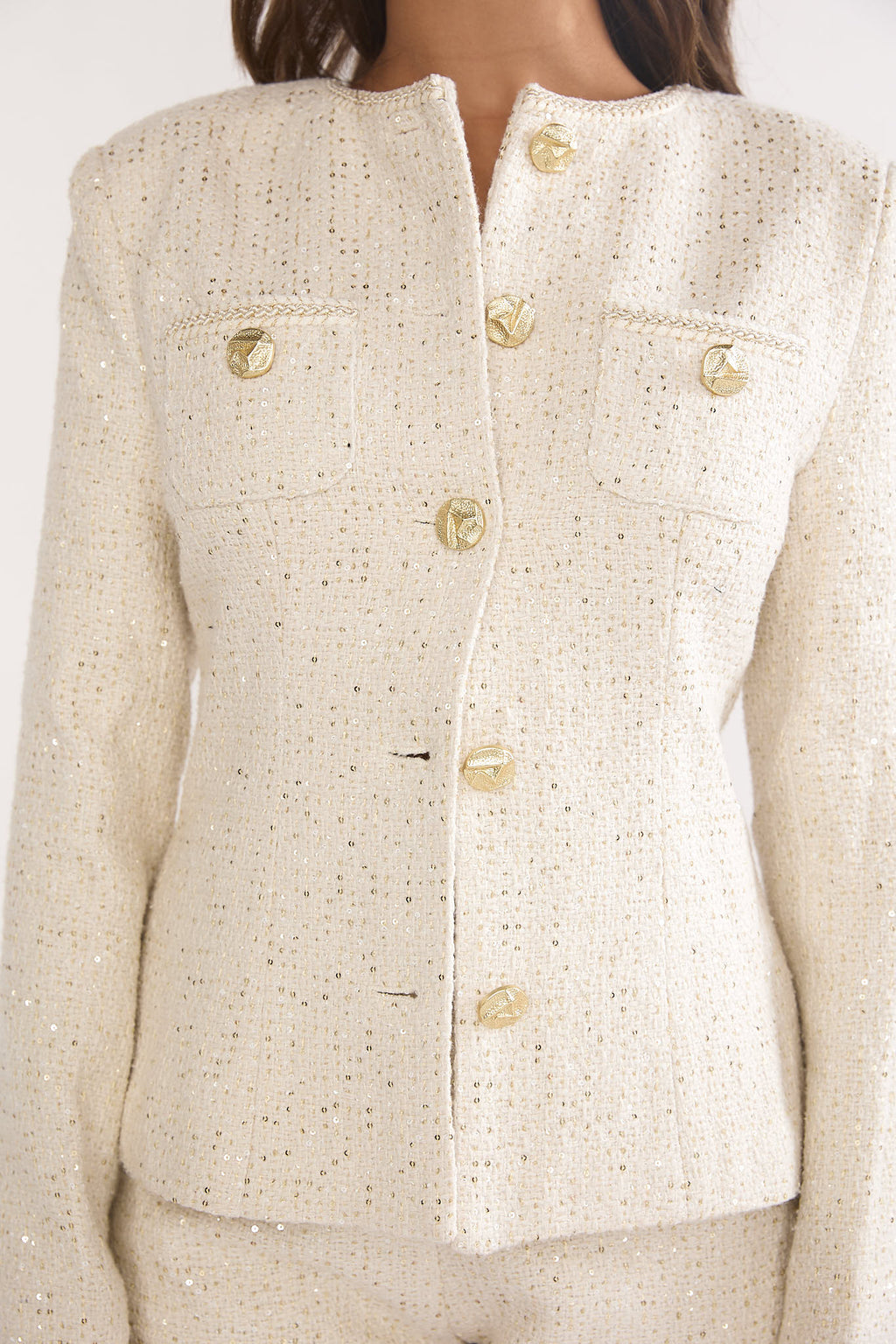 Kyomi Gold Button Tweed Jacket White Gold by Selfie Leslie Australia