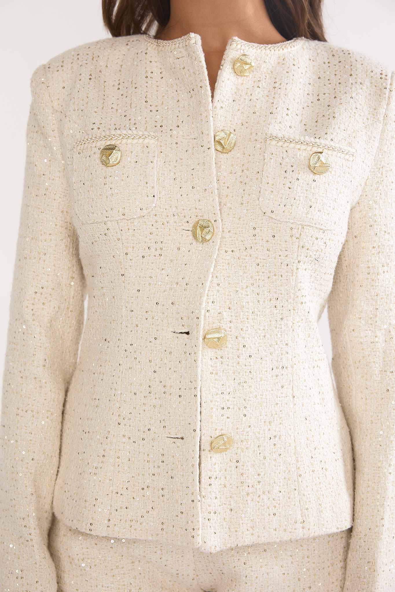 Kyomi Gold Button Tweed Jacket White Gold by Selfie Leslie Australia