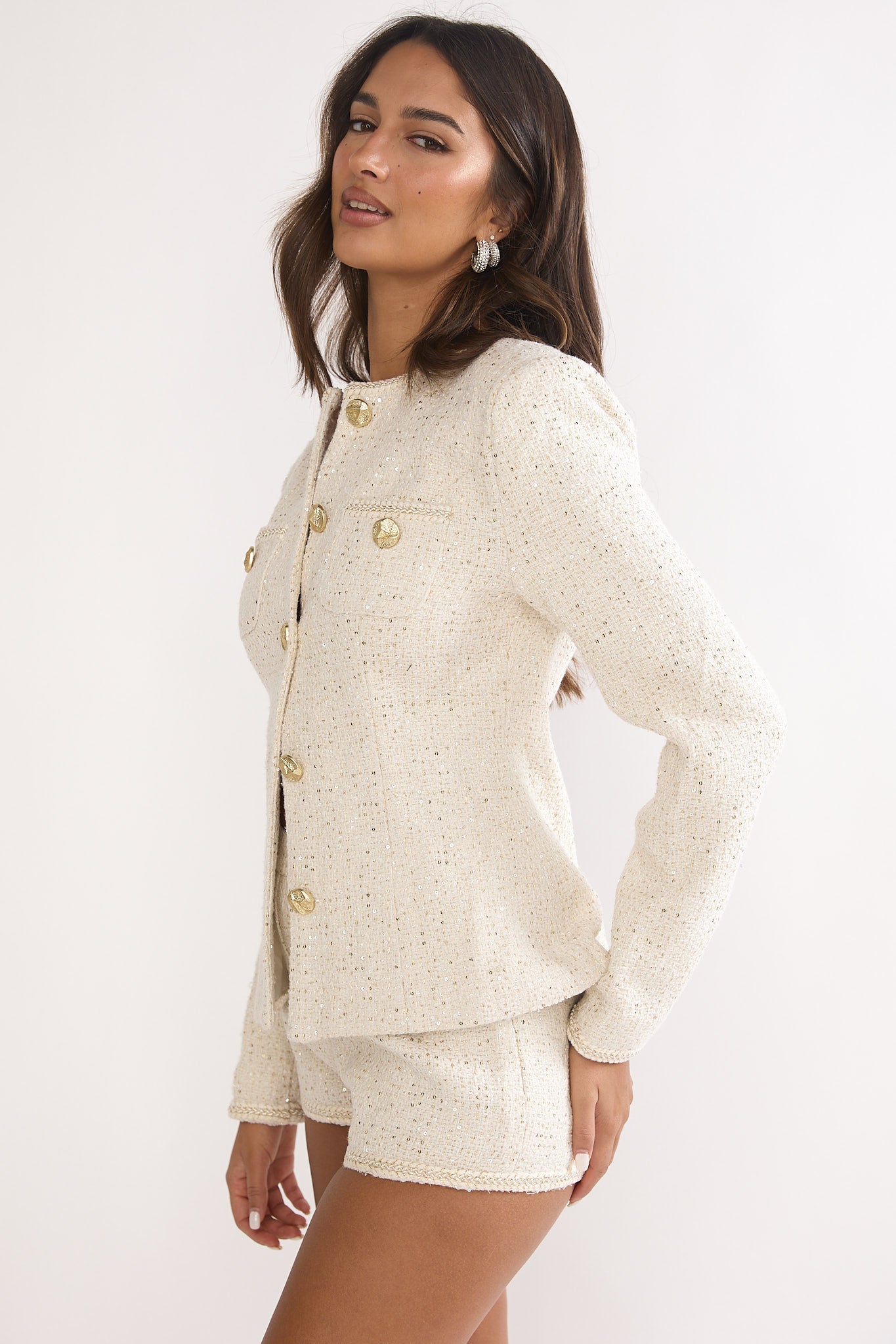 Kyomi Gold Button Tweed Jacket White Gold by Selfie Leslie Australia