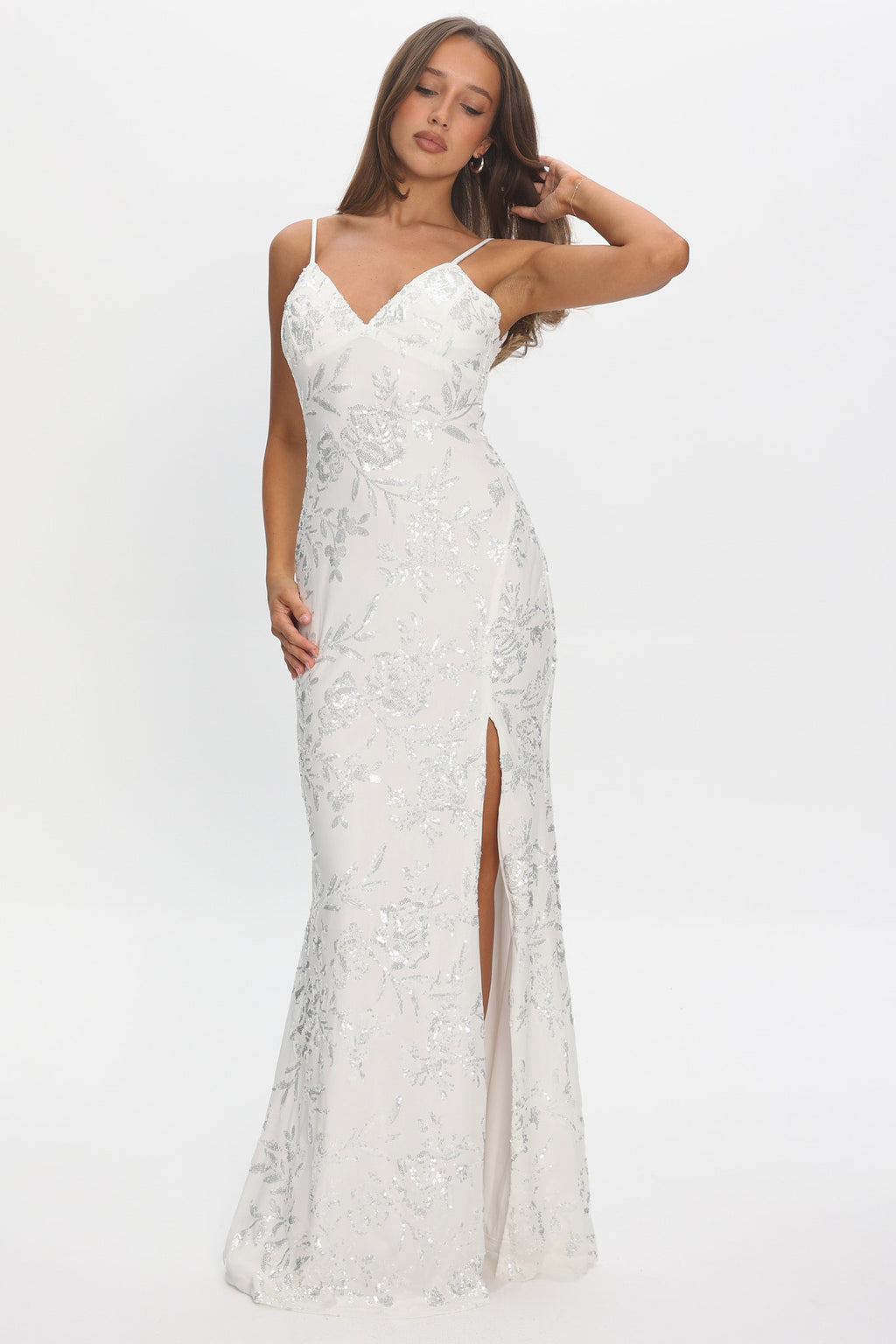 Anjelique Side Slit Maxi Dress Sequin White by Selfie Leslie Australia