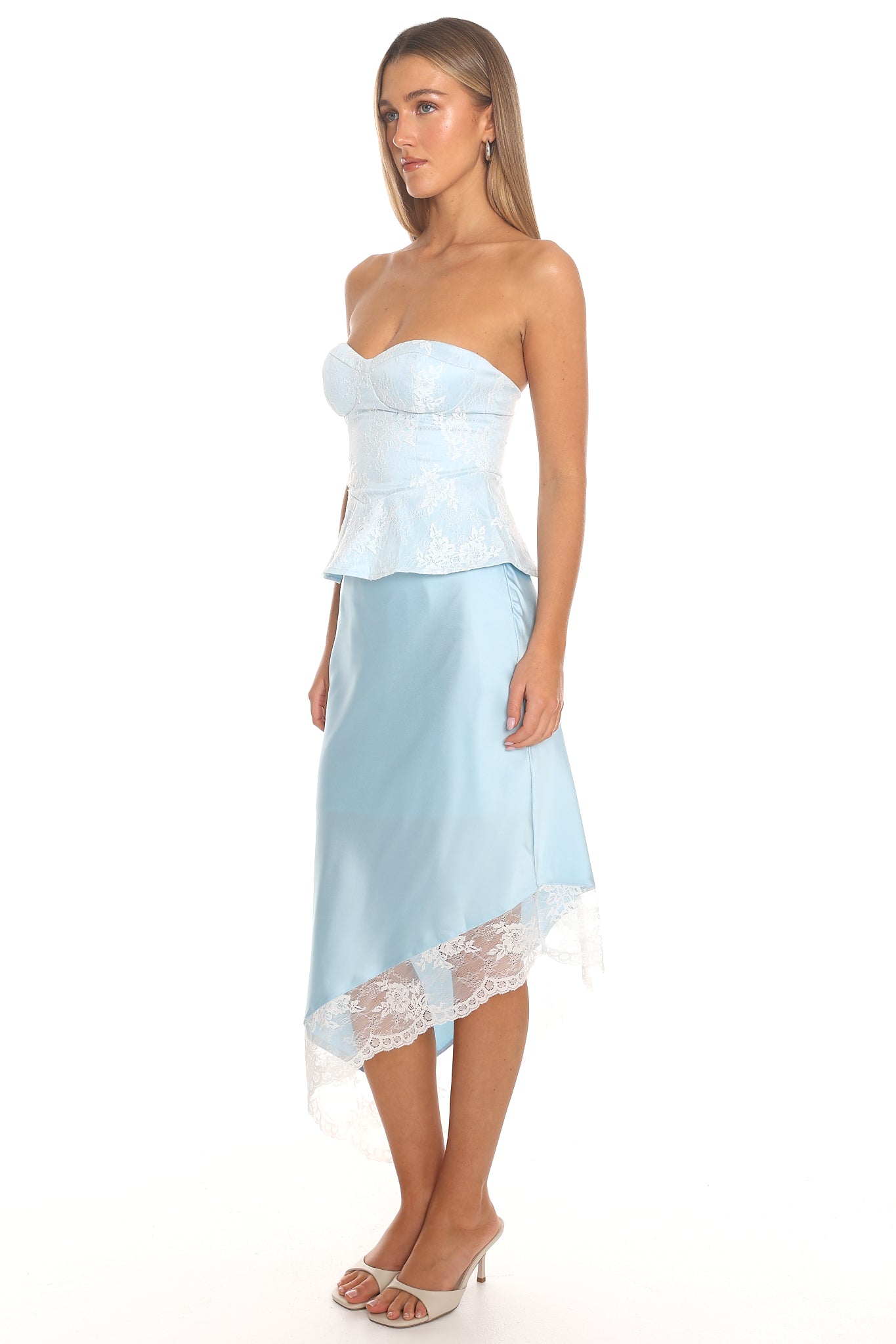 Althea Asymmetric Lace-Hem Skirt Ice Blue
