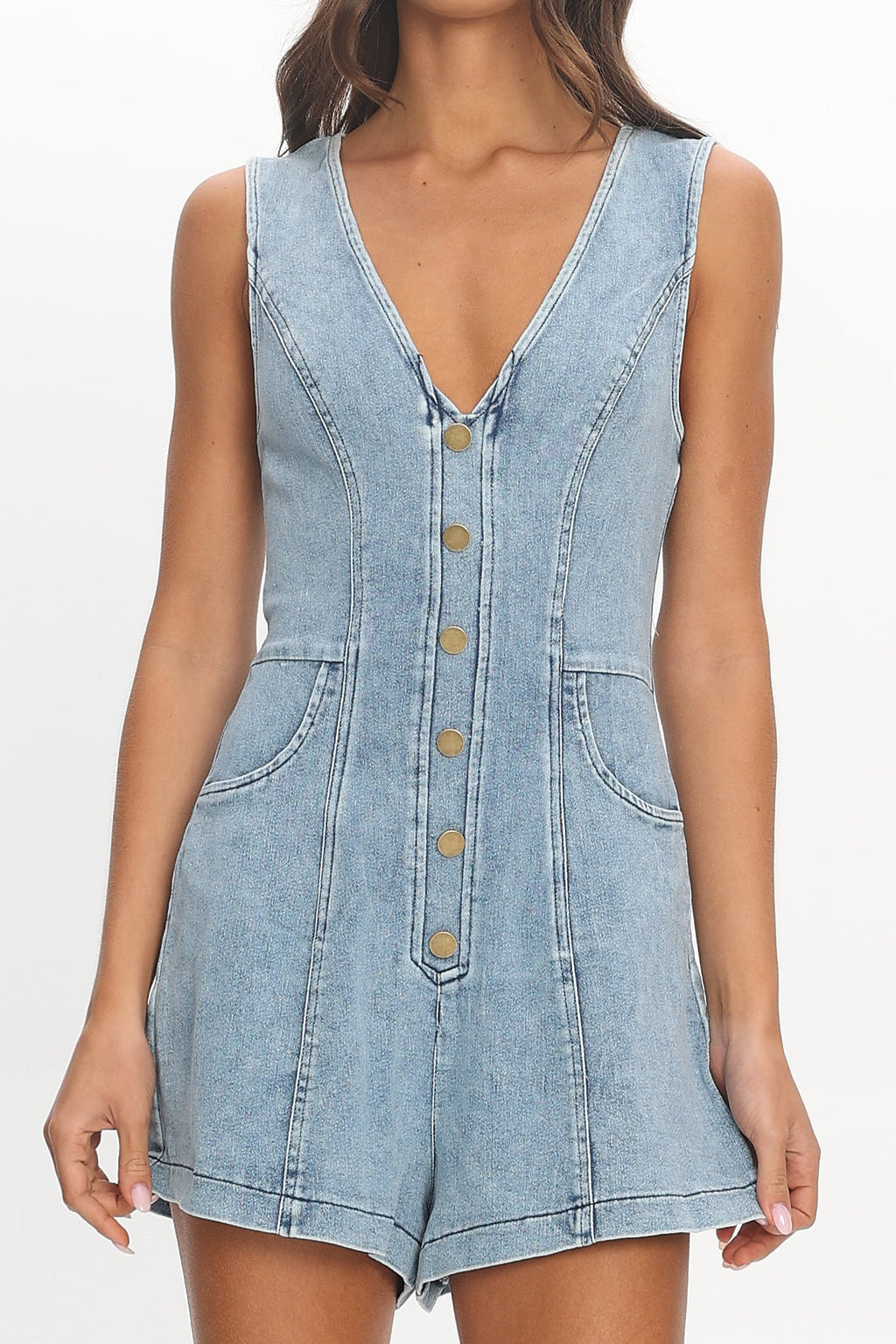 Chapelle V-Neck Button Romper Denim Blue by Selfie Leslie Australia
