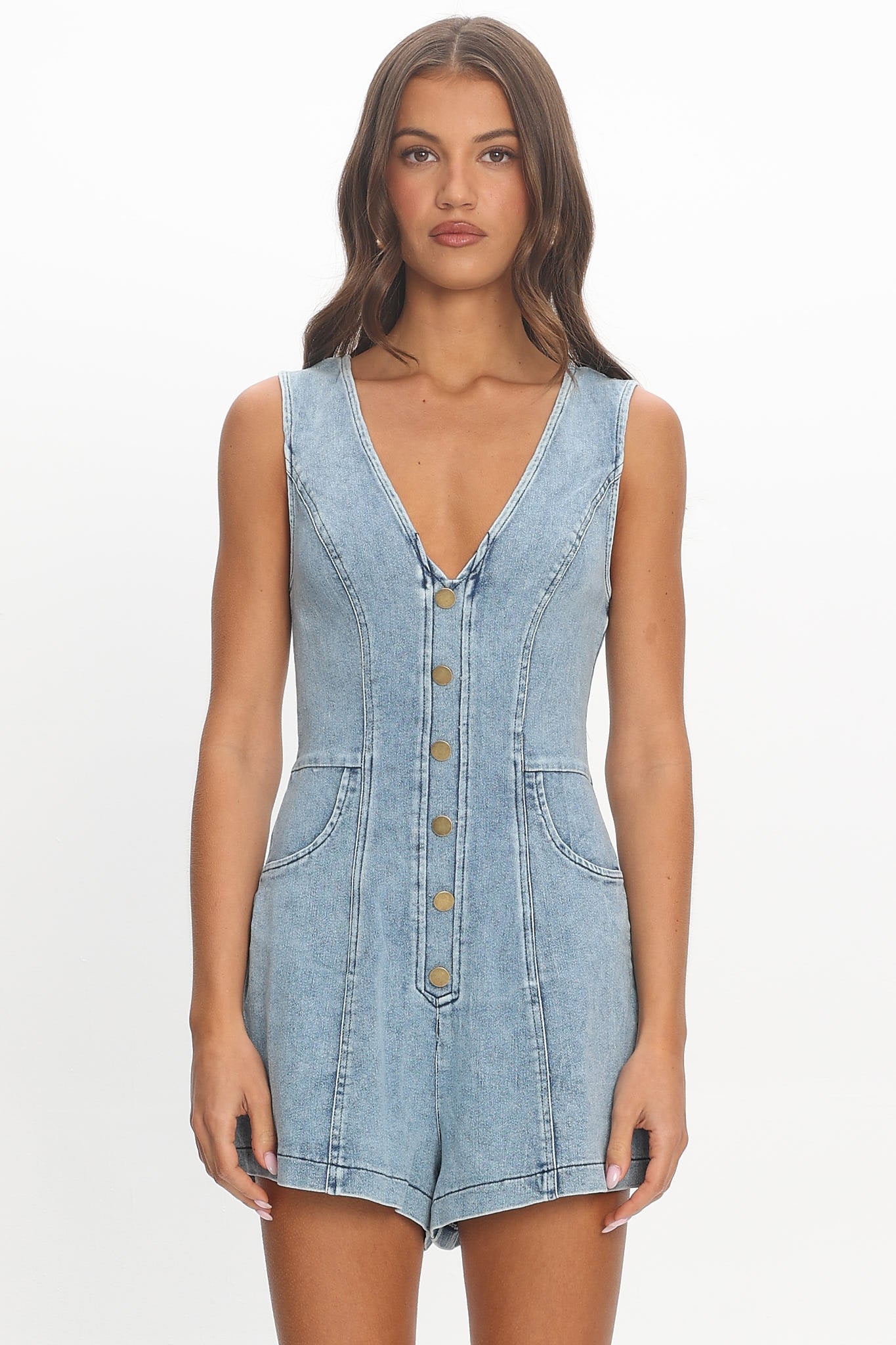 Chapelle V-Neck Button Romper Denim Blue by Selfie Leslie Australia