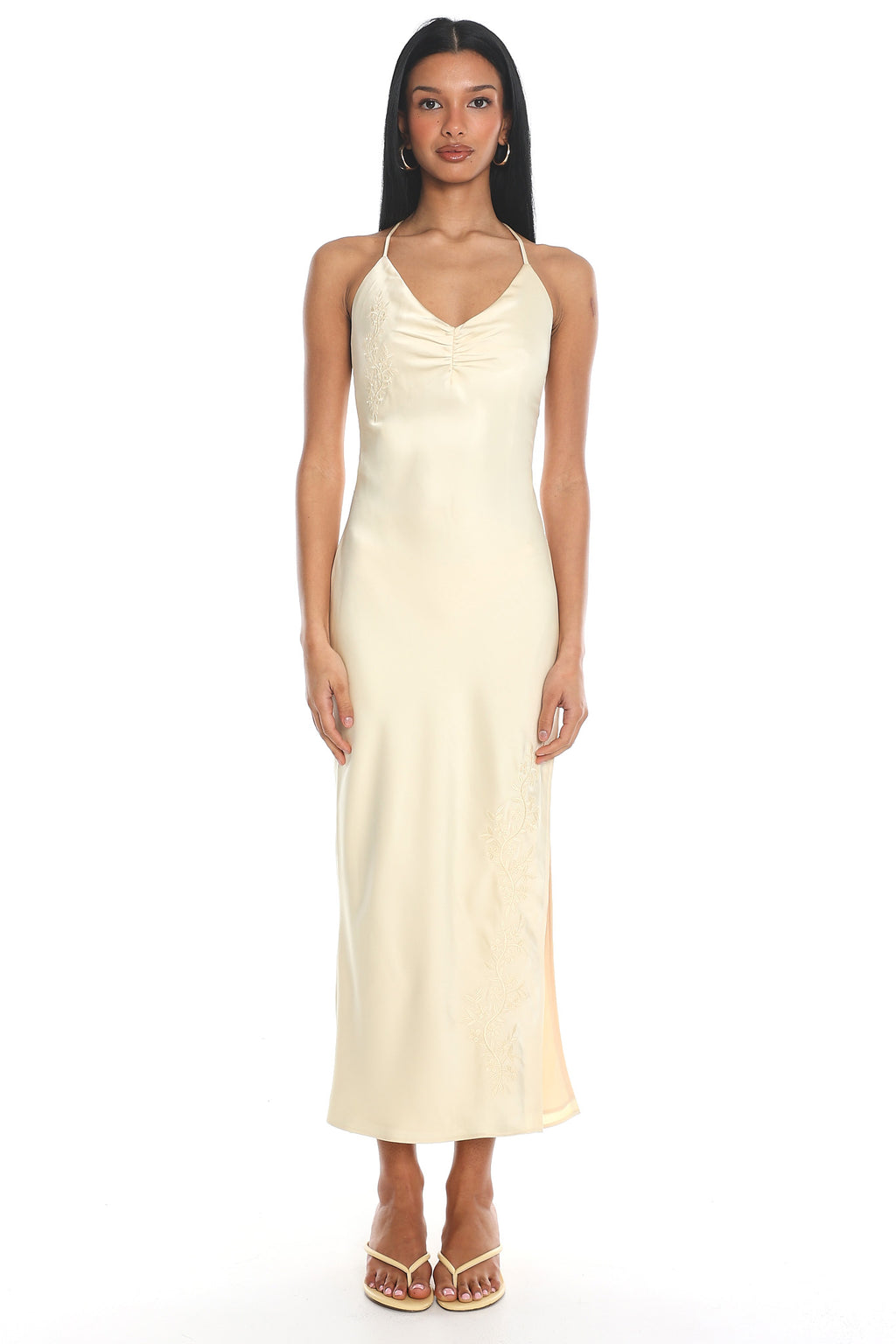 Evaine Embroidered Satin Midi Dress Yellow