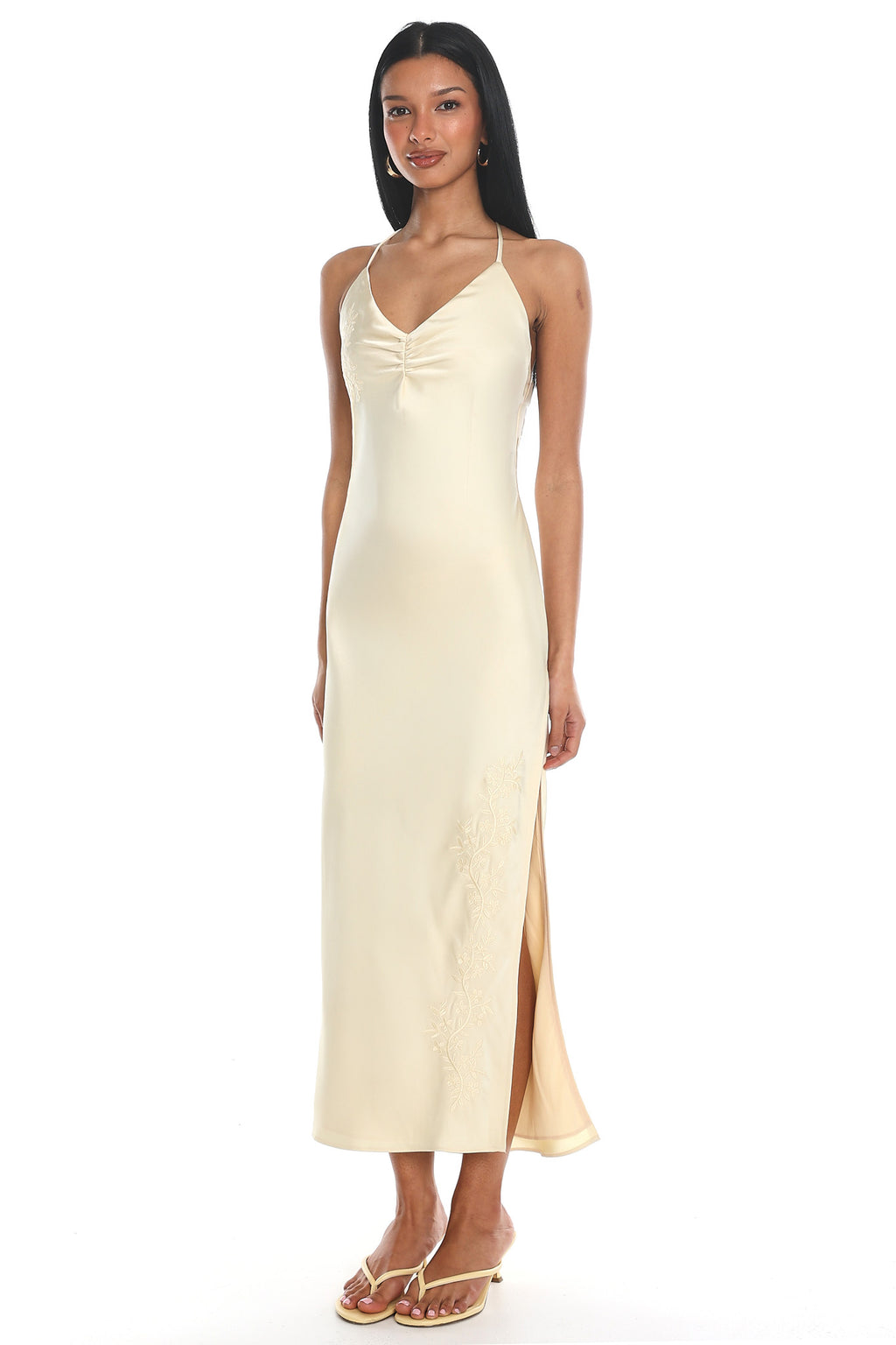 Evaine Embroidered Satin Midi Dress Yellow
