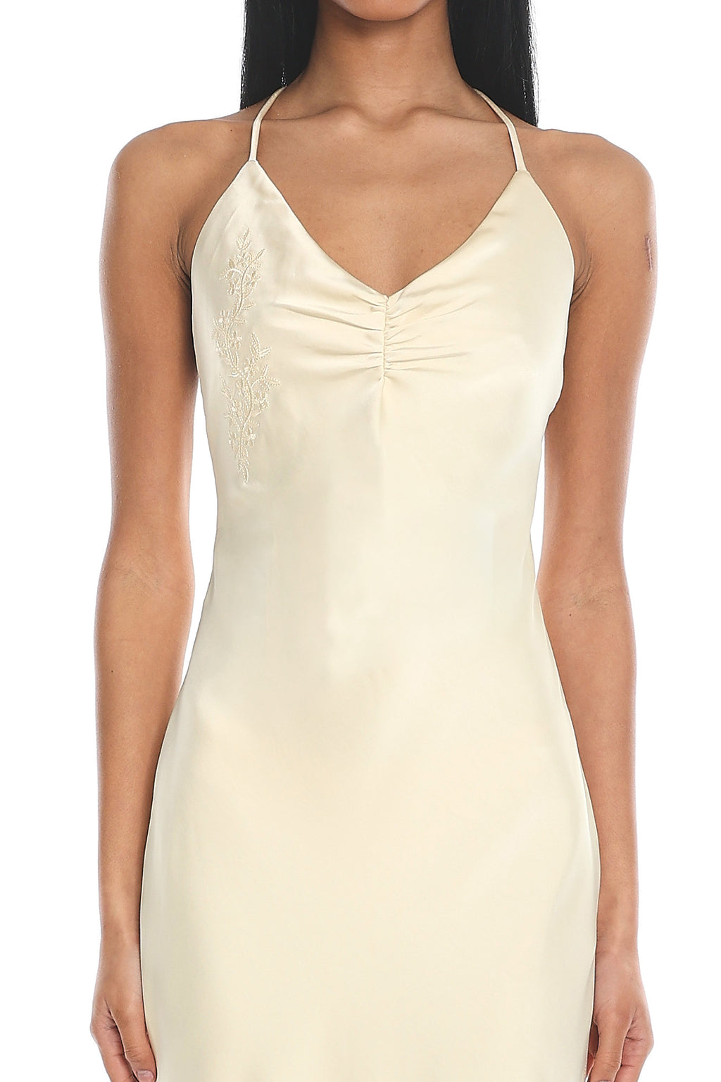 Evaine Embroidered Satin Midi Dress Yellow