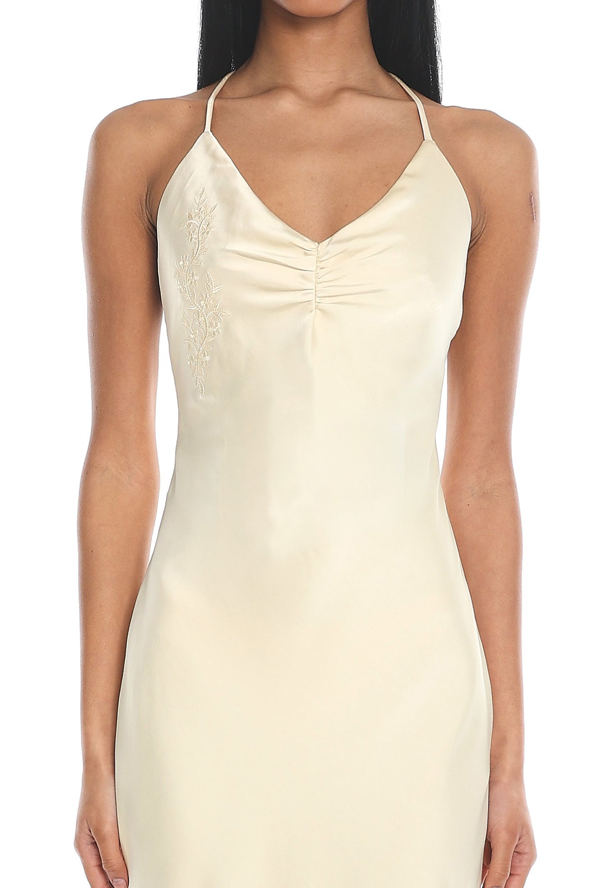 Evaine Embroidered Satin Midi Dress Yellow
