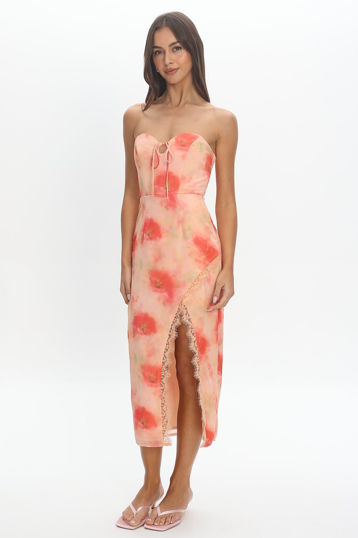 Sunny Ave Sweetheart Neckline Midi Dress Floral Red
