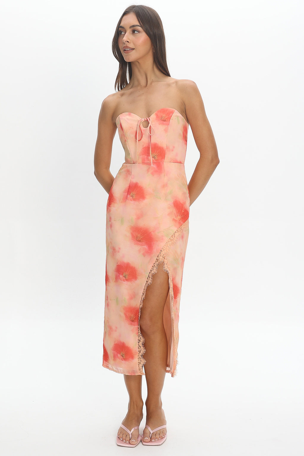Sunny Ave Sweetheart Neckline Midi Dress Floral Red