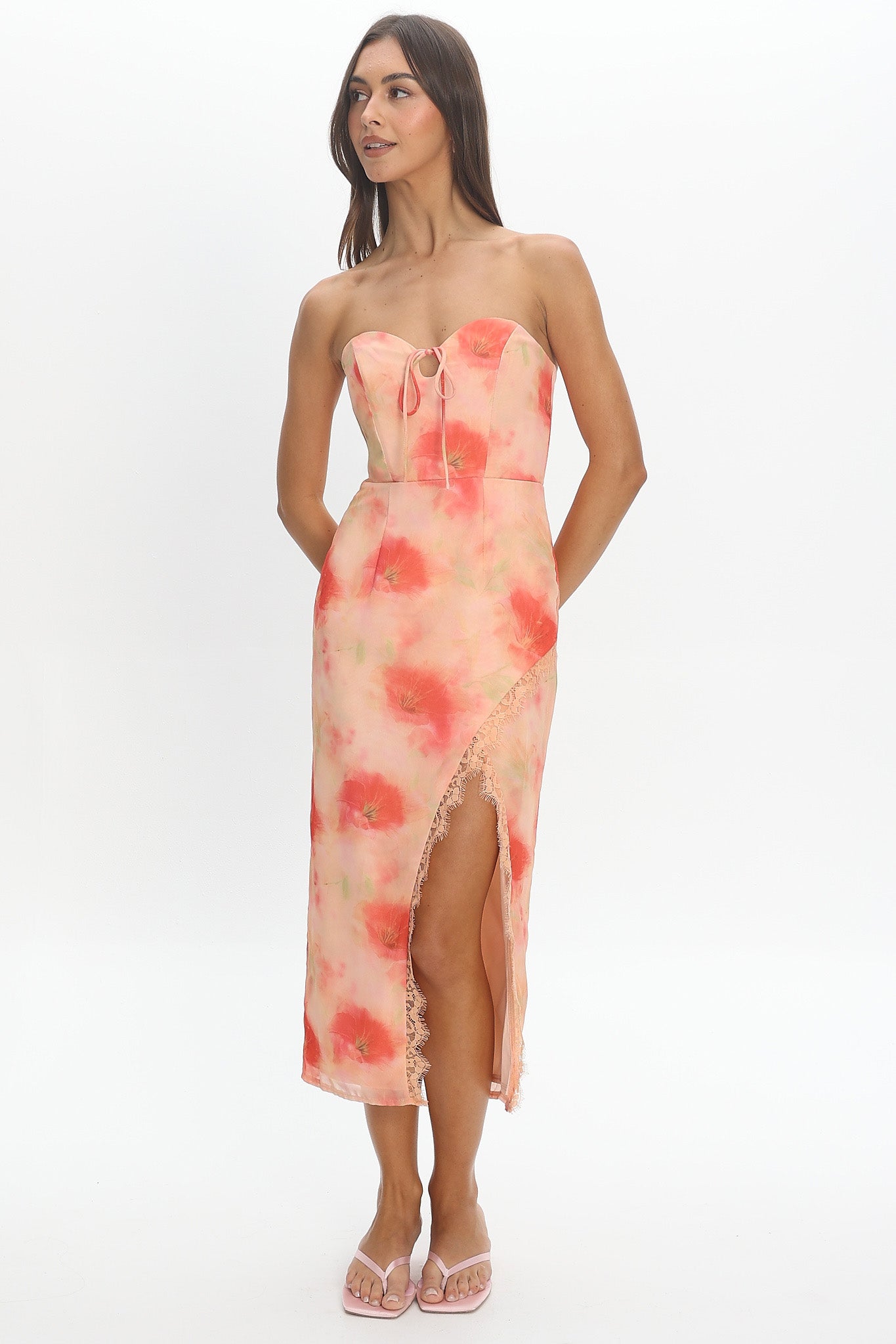 Sunny Ave Sweetheart Neckline Midi Dress Floral Red