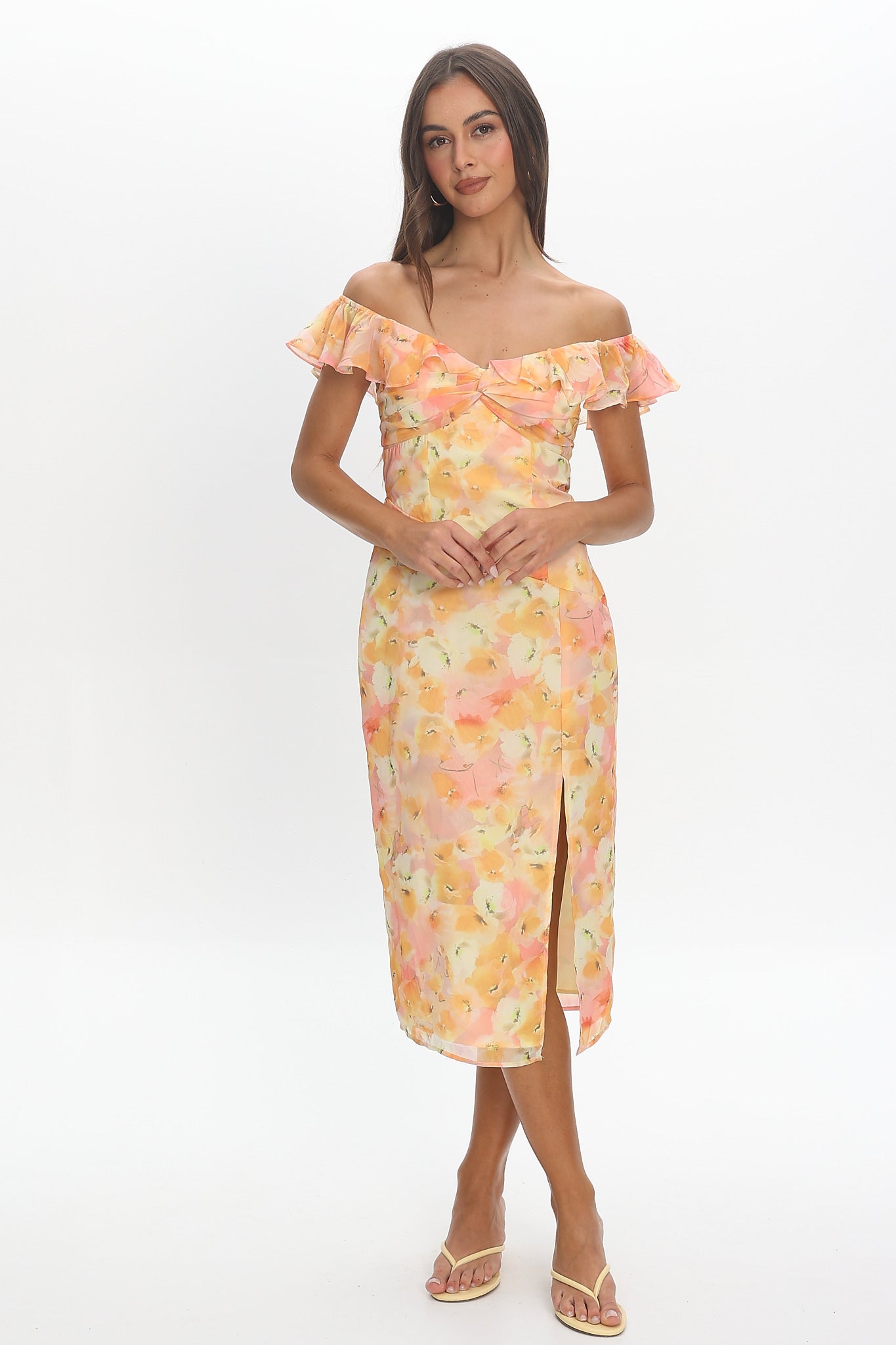 Rozita Off-Shoulder Ruffle Trim Midi Dress Floral Yellow