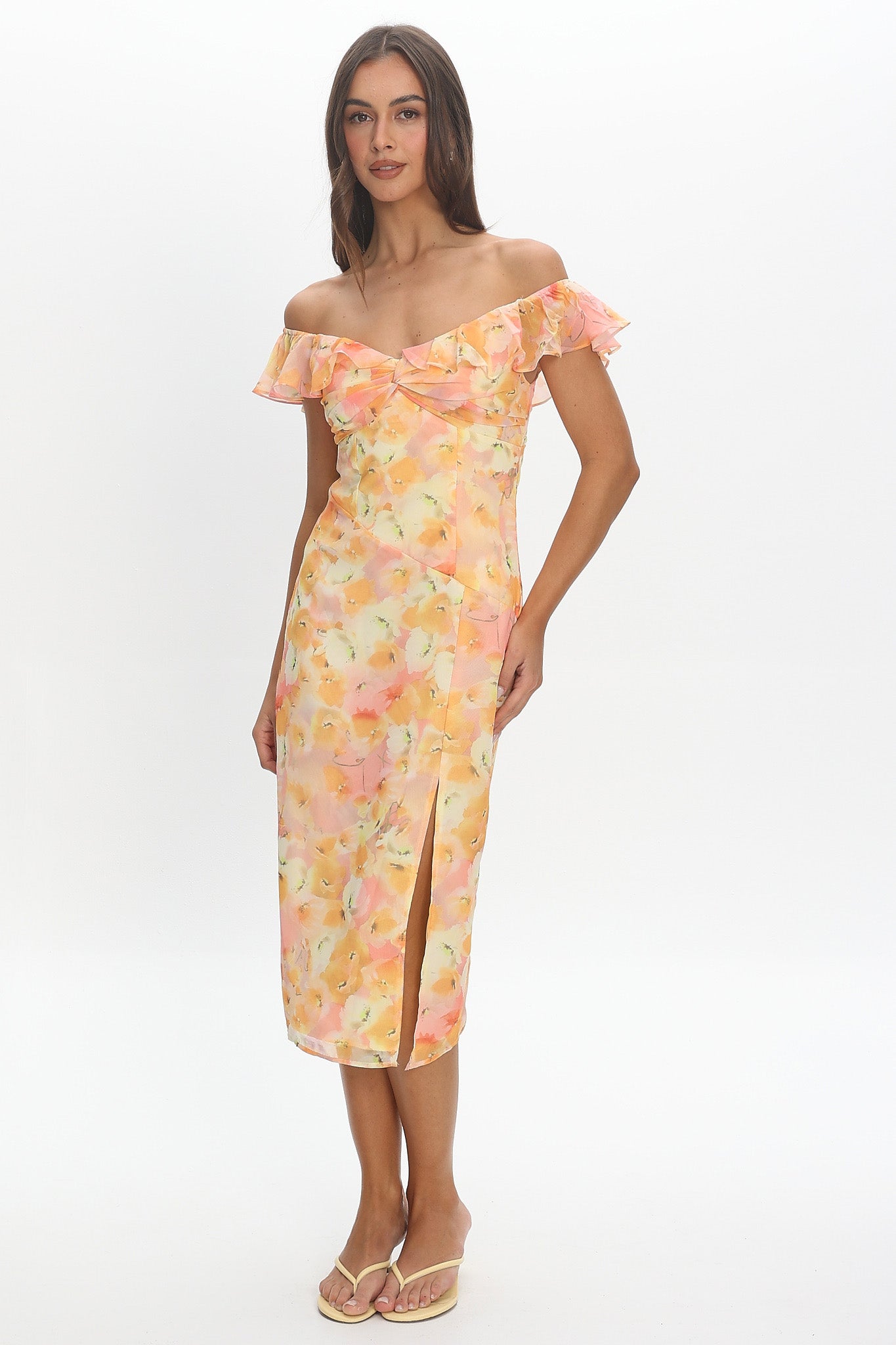 Rozita Off-Shoulder Ruffle Trim Midi Dress Floral Yellow