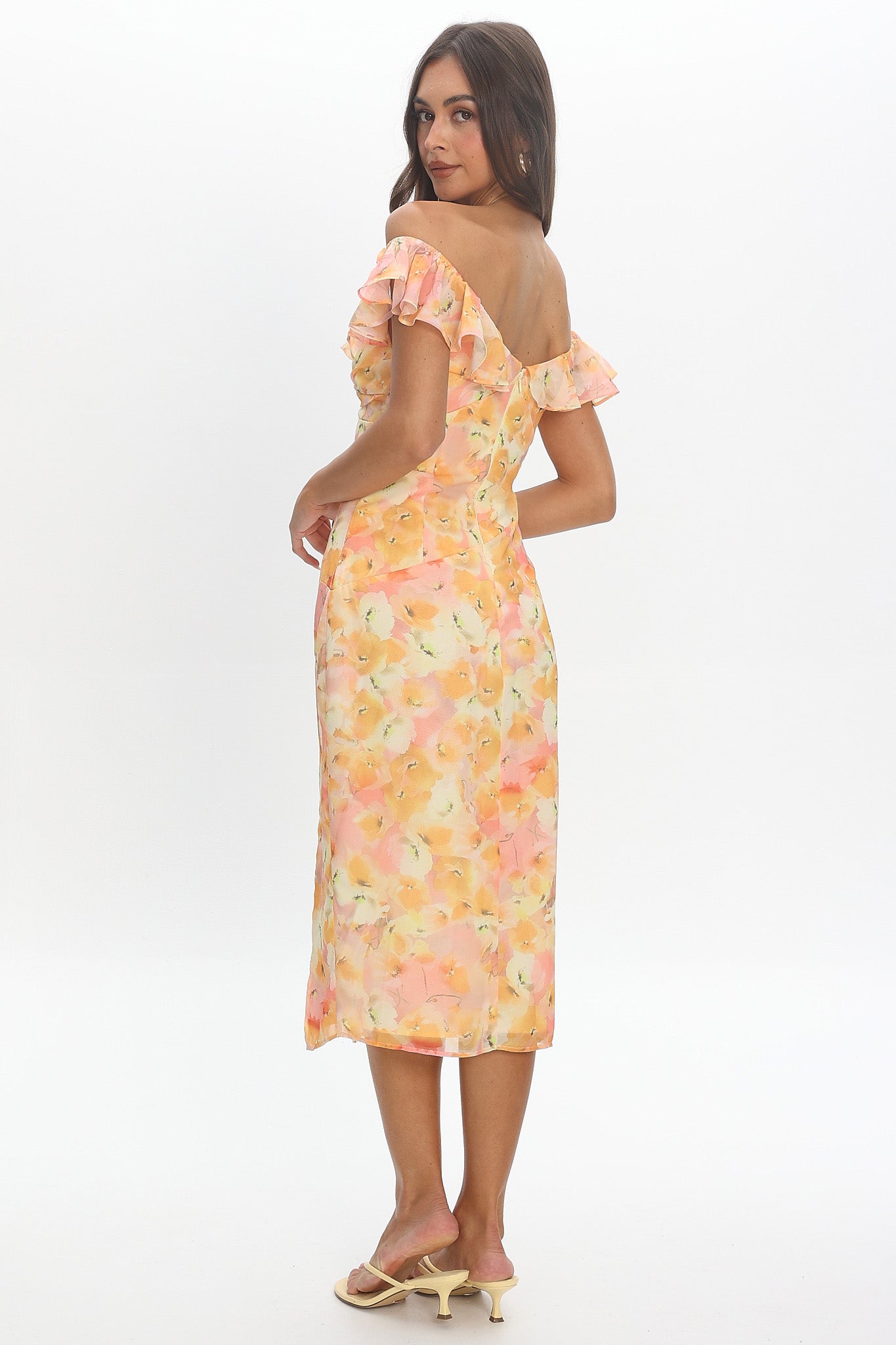 Rozita Off-Shoulder Ruffle Trim Midi Dress Floral Yellow