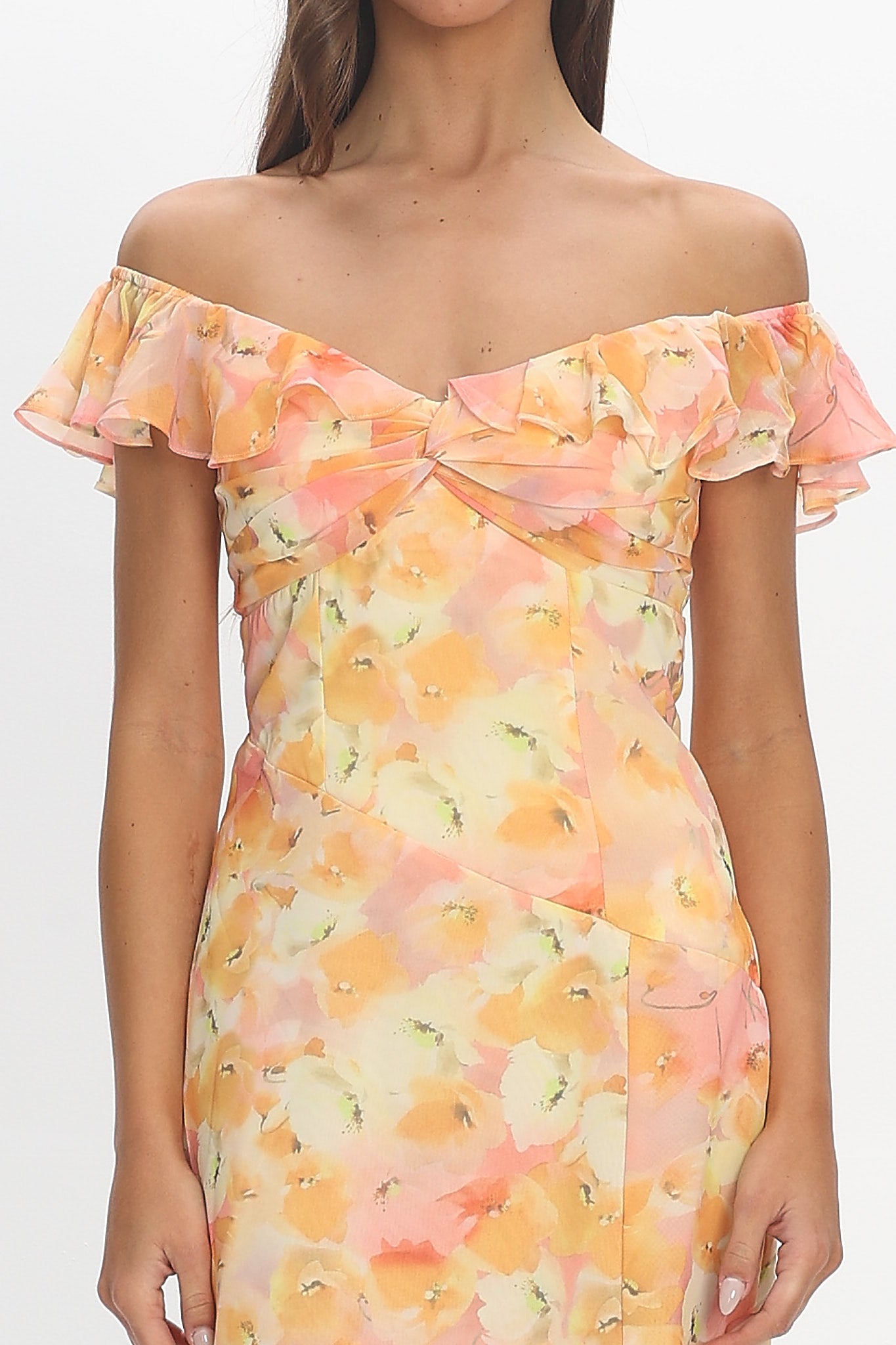 Rozita Off-Shoulder Ruffle Trim Midi Dress Floral Yellow