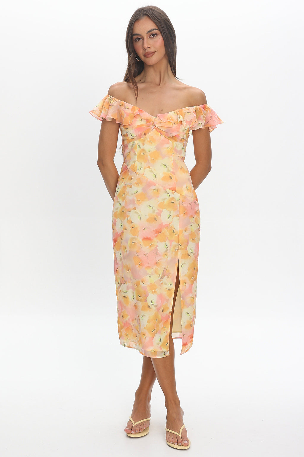 Rozita Off-Shoulder Ruffle Trim Midi Dress Floral Yellow