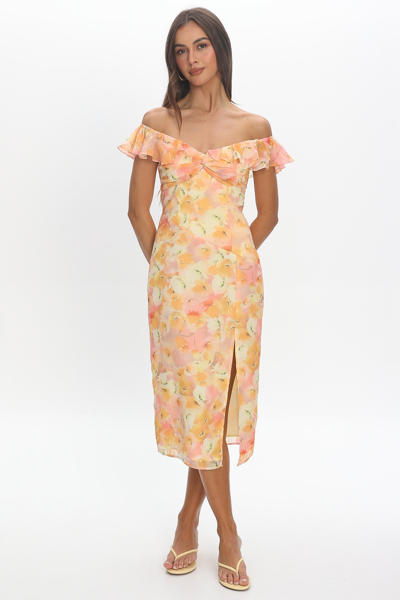 Rozita Off-Shoulder Ruffle Trim Midi Dress Floral Yellow