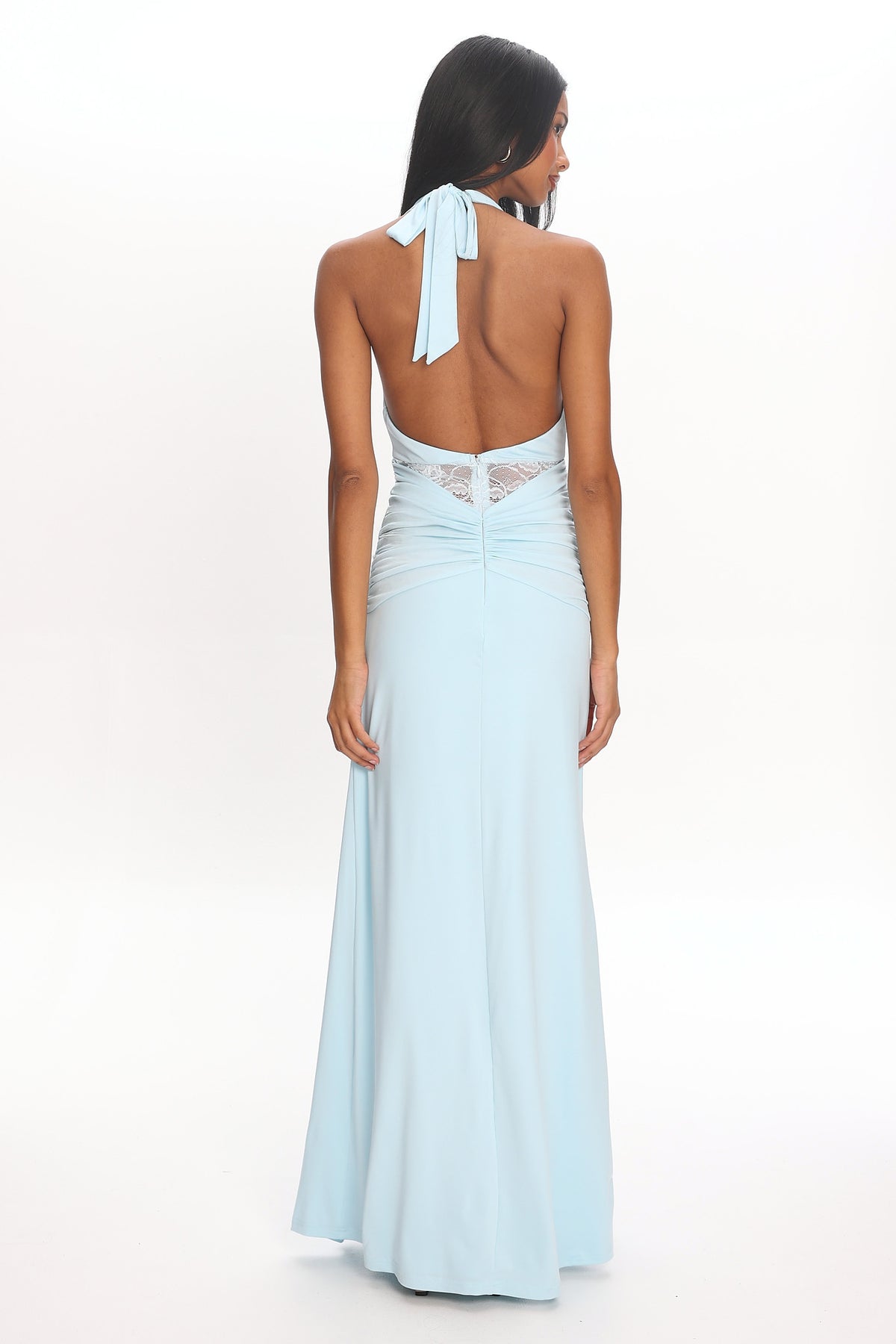 Swan Song Ruched Slit Maxi Dress Blue