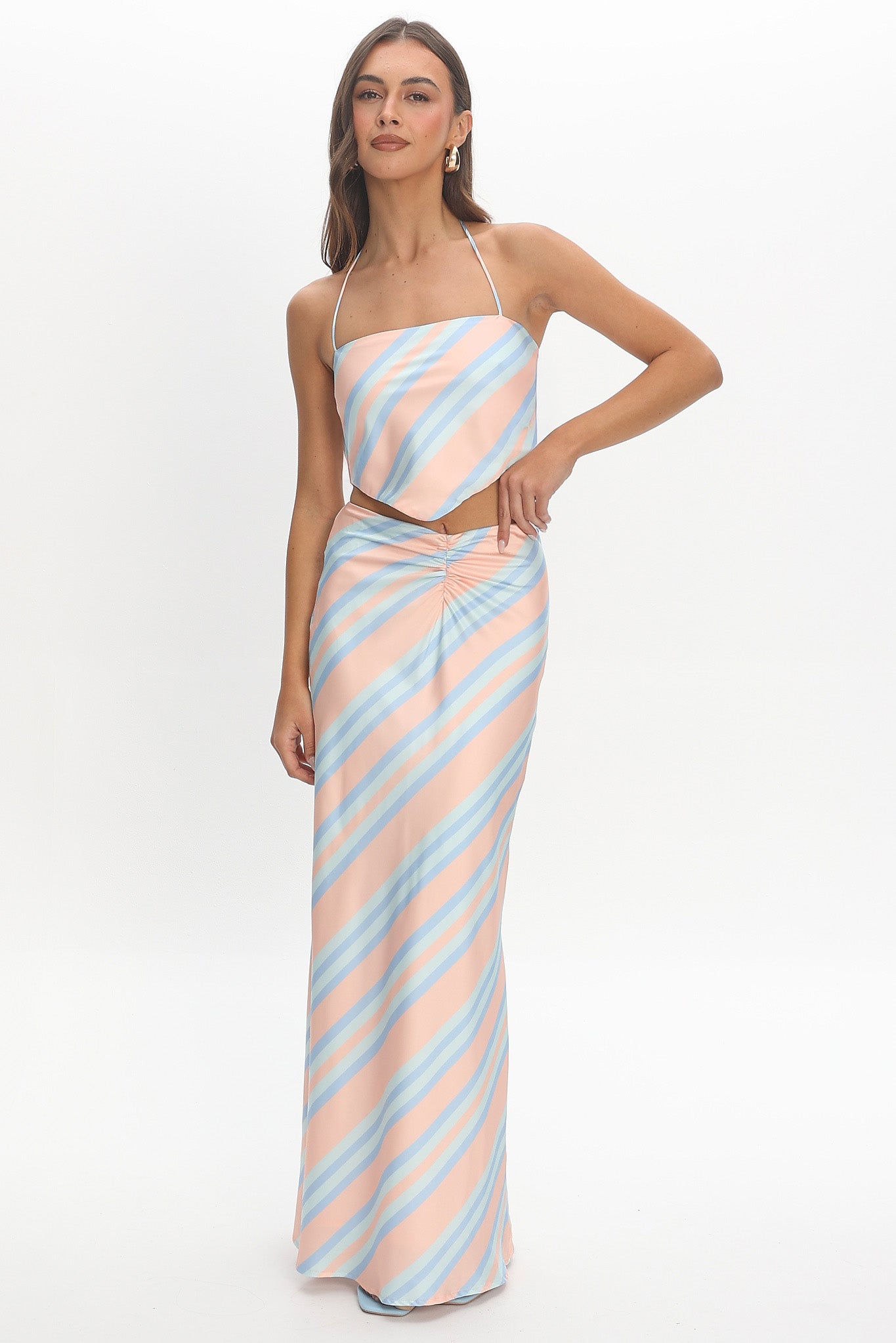 Avatar Ruched Maxi Skirt Striped Aqua