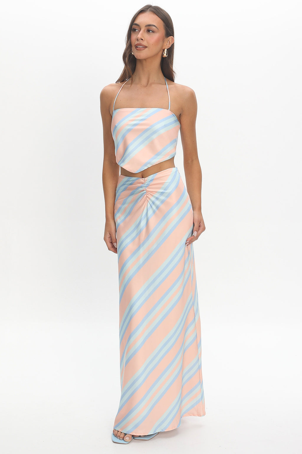 Avatar Ruched Maxi Skirt Striped Aqua