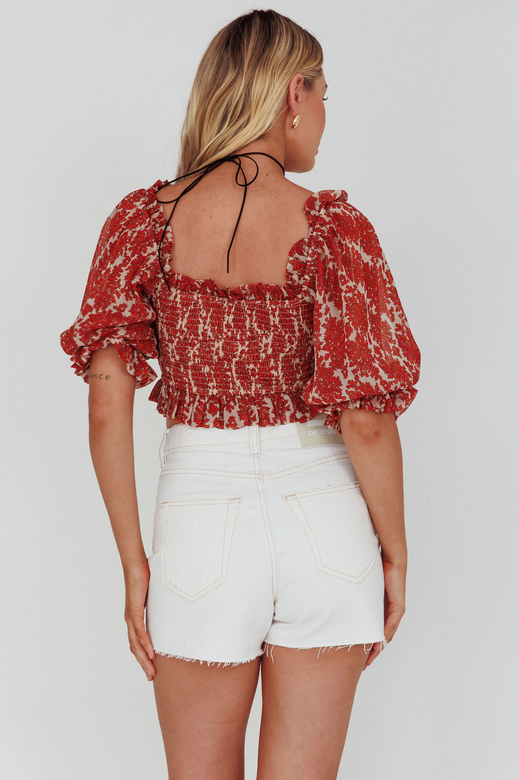 Meet Cute Shirred Bust Off-Shoulder Crop Top Floral Beige by Selfie Leslie Australia