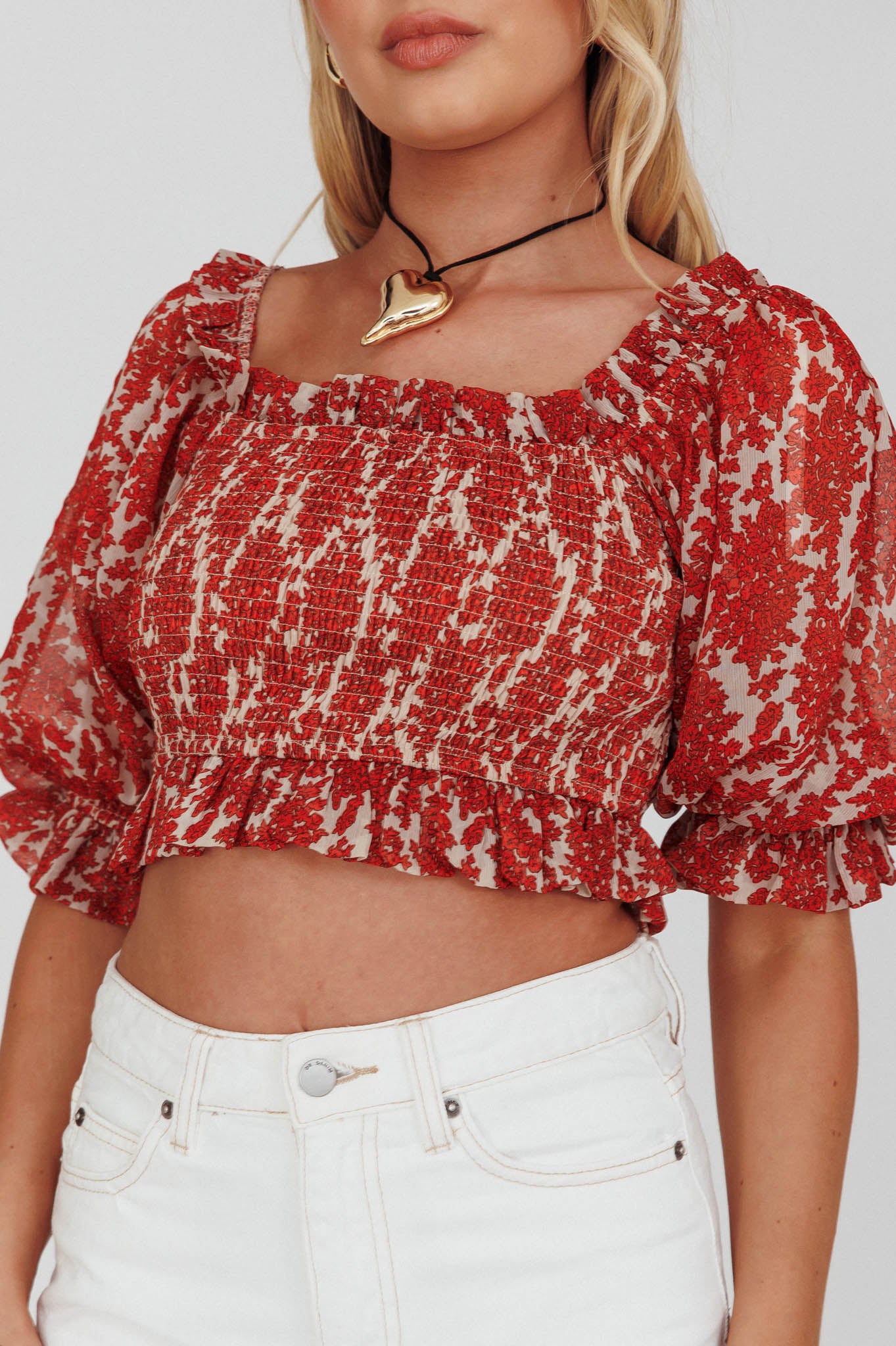 Meet Cute Shirred Bust Off-Shoulder Crop Top Floral Beige by Selfie Leslie Australia