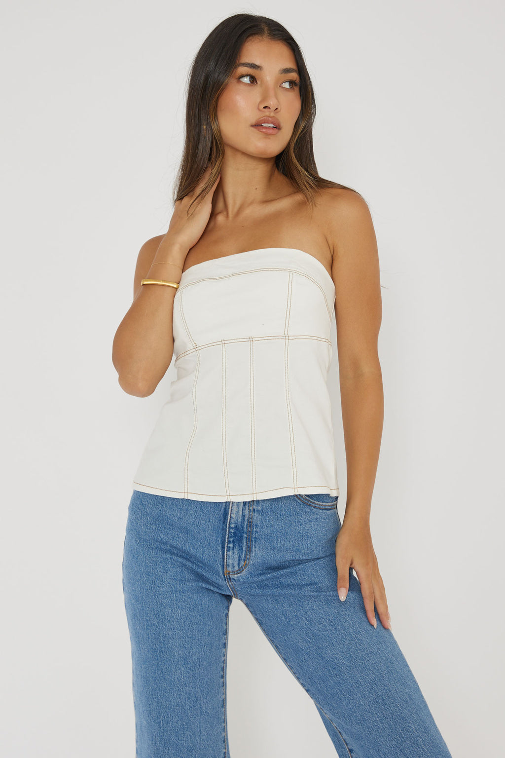 Cathlin Contrast Stitching Strapless Top White by Selfie Leslie Australia