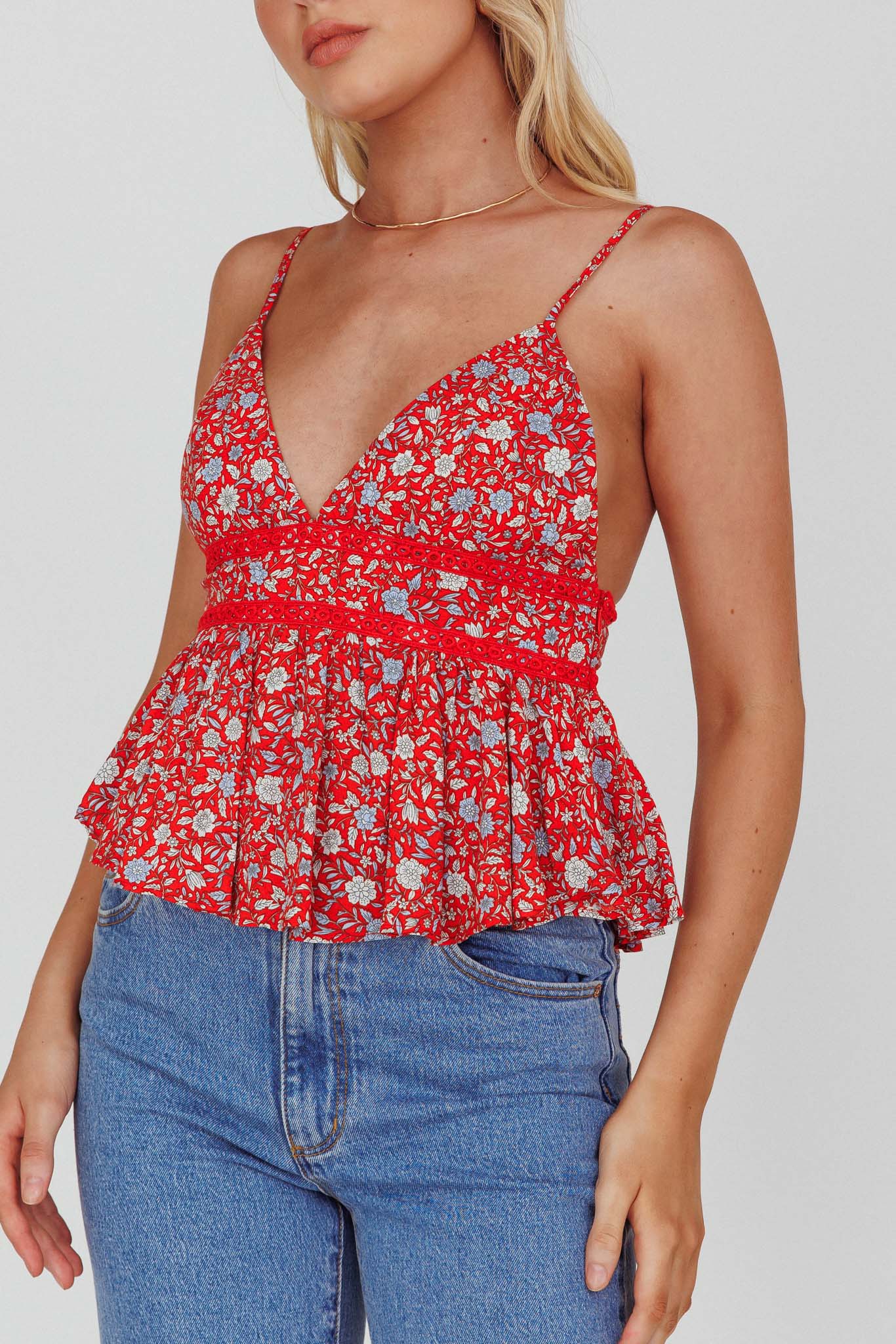 Marigold Crochet Trim Top Floral Red by Selfie Leslie Australia