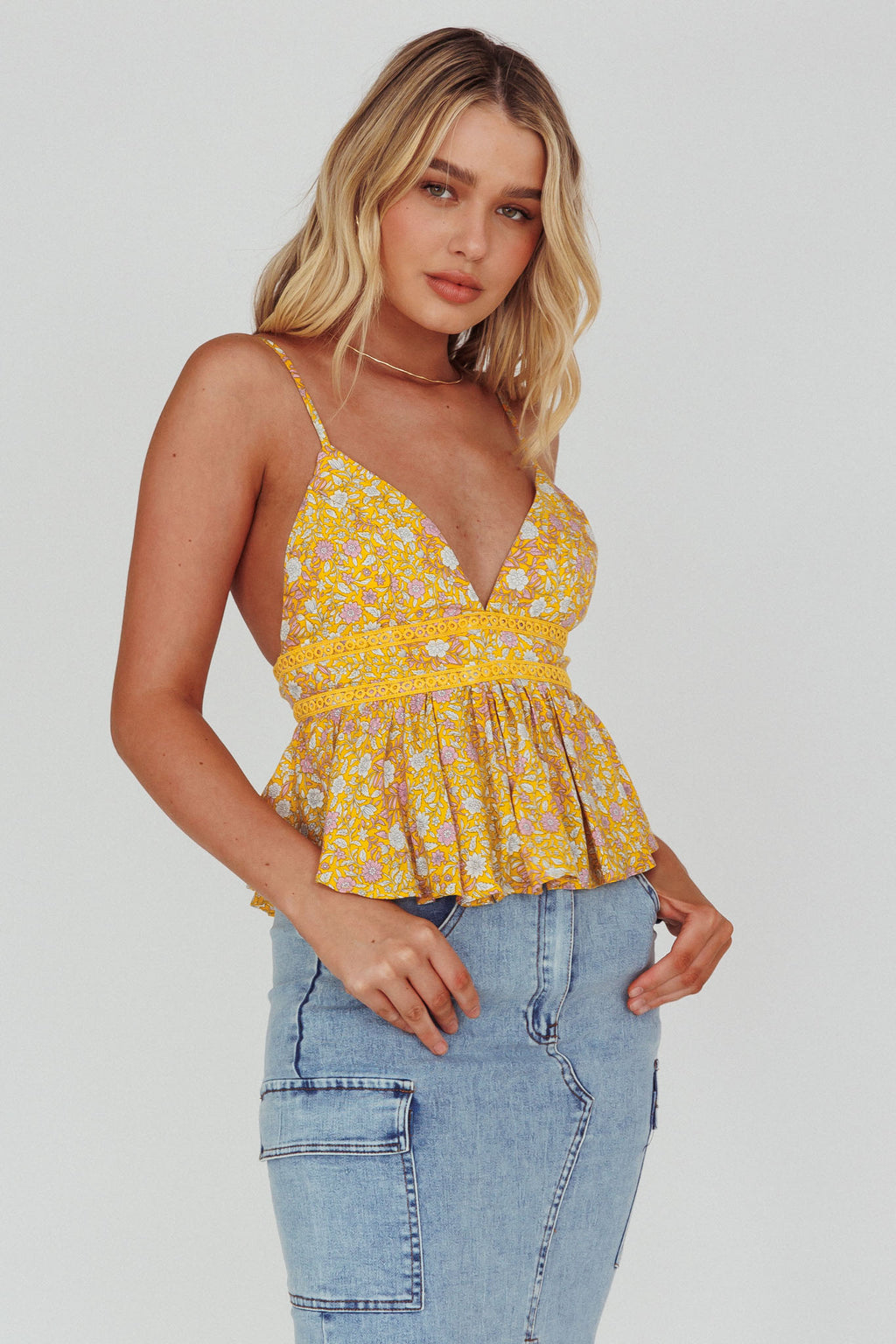 Marigold Crochet Trim Top Floral Yellow by Selfie Leslie Australia