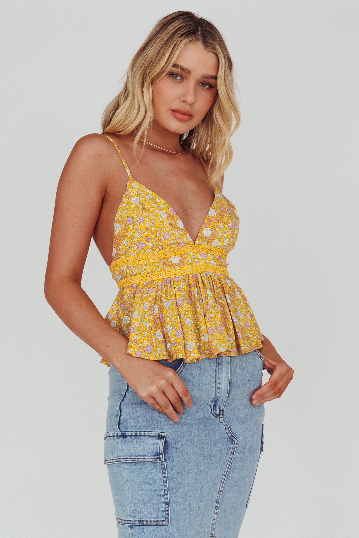Marigold Crochet Trim Top Floral Yellow by Selfie Leslie Australia