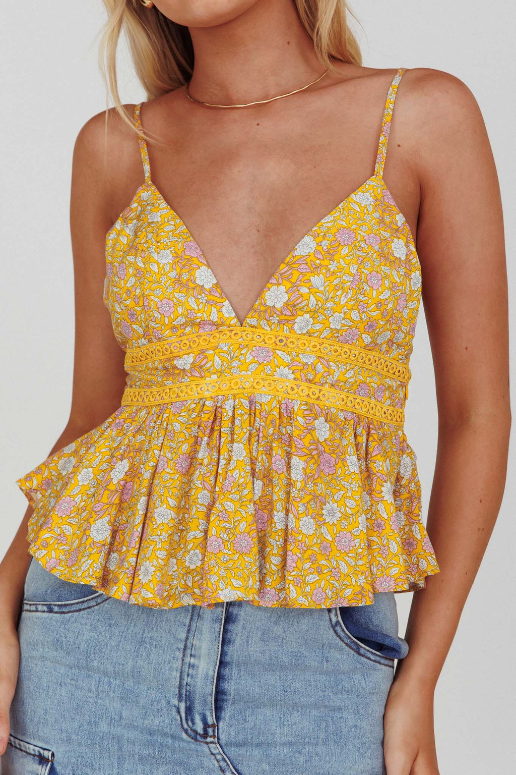 Marigold Crochet Trim Top Floral Yellow by Selfie Leslie Australia